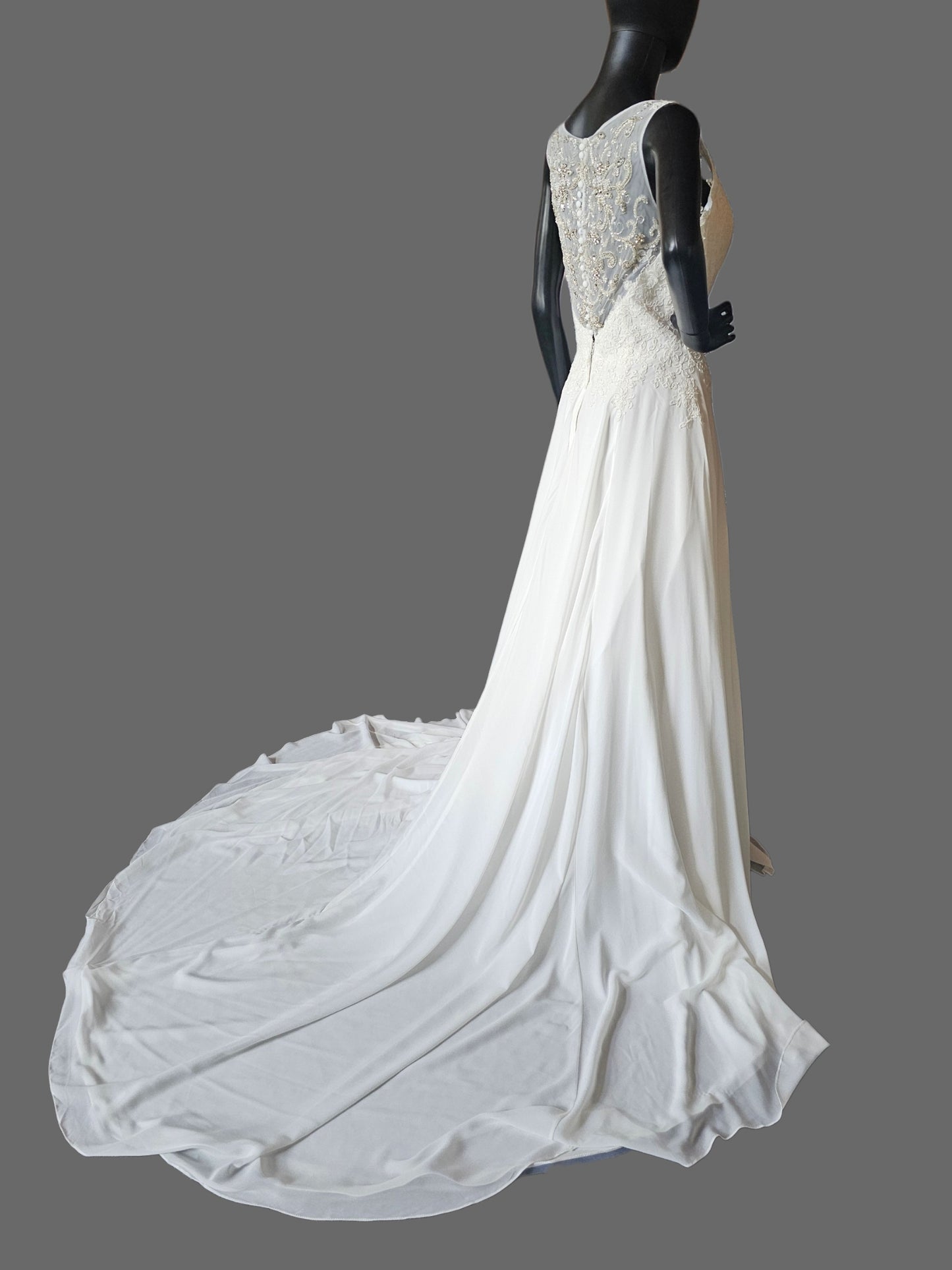 White Chiffon A-Line Lace V-Neck  Applica Illusion Back Wedding Gown - Davinci