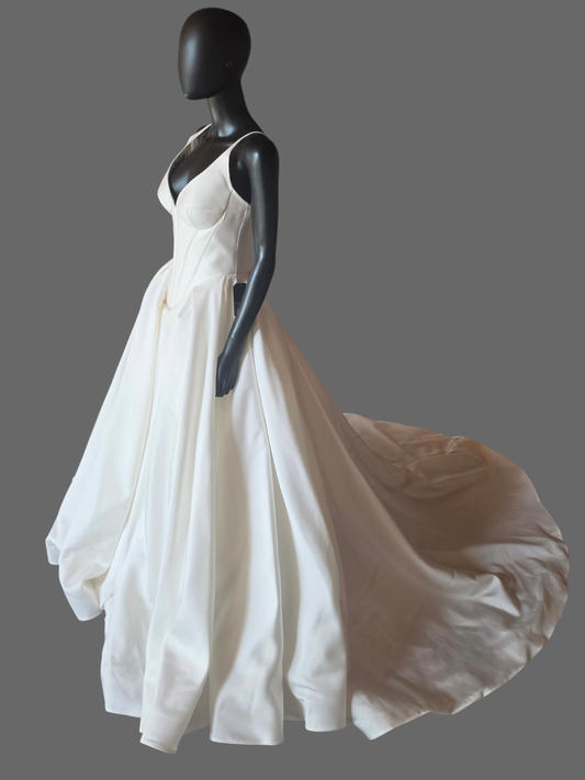 V-Neck Basque Waist Corset Bodice Ivory Mikado Wedding Gown NEW - Wona Concepts