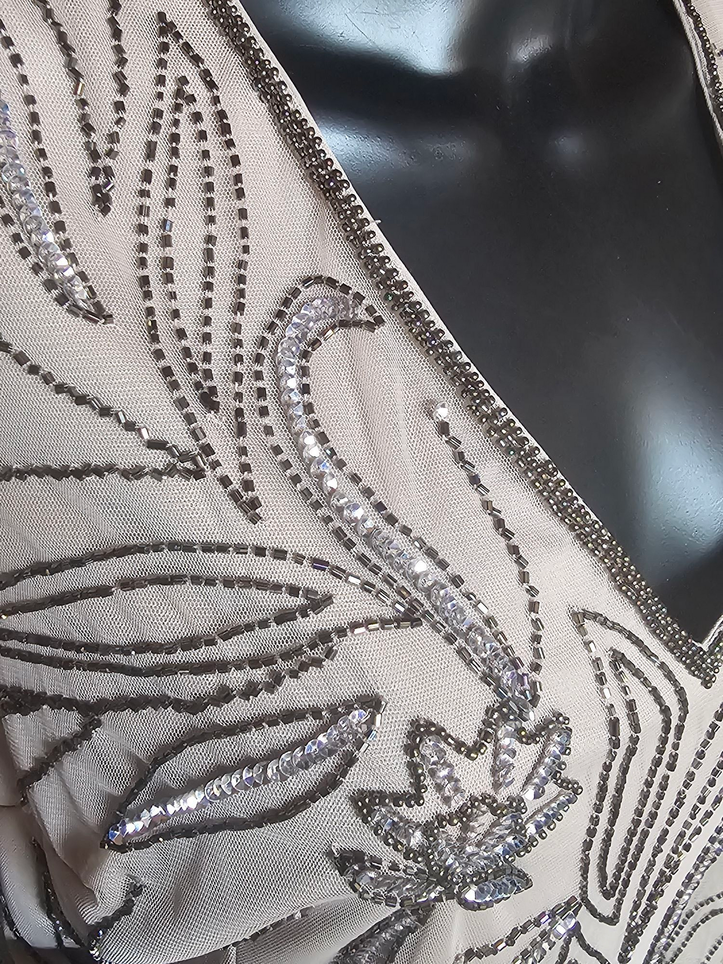 Taupe Beaded Mesh Bell Sleeve Formal Gown - Adrianna Papell