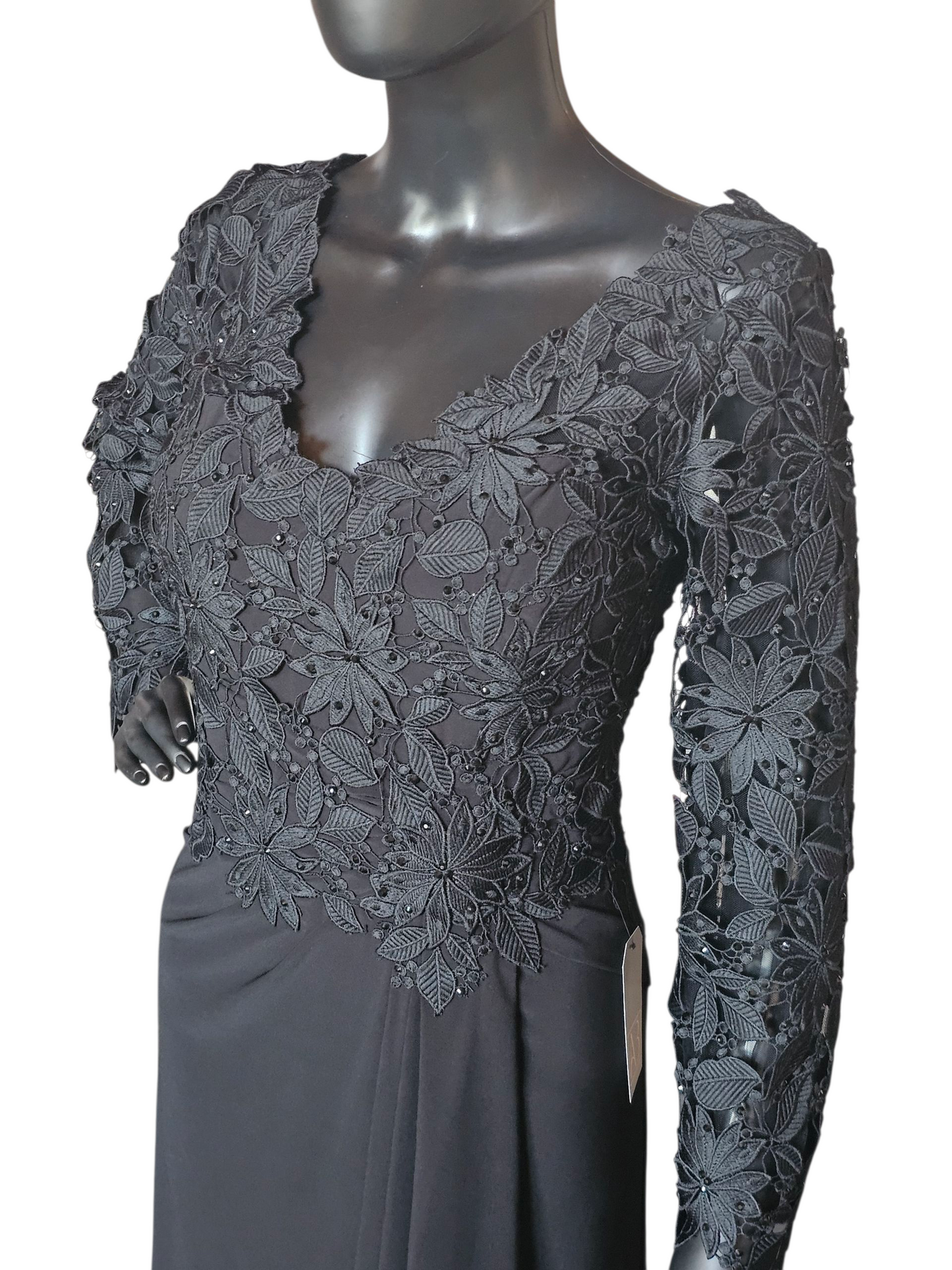 Black Open Weave Lace Long Sleeve V-Neck Formal Dress - Madeline Gardner