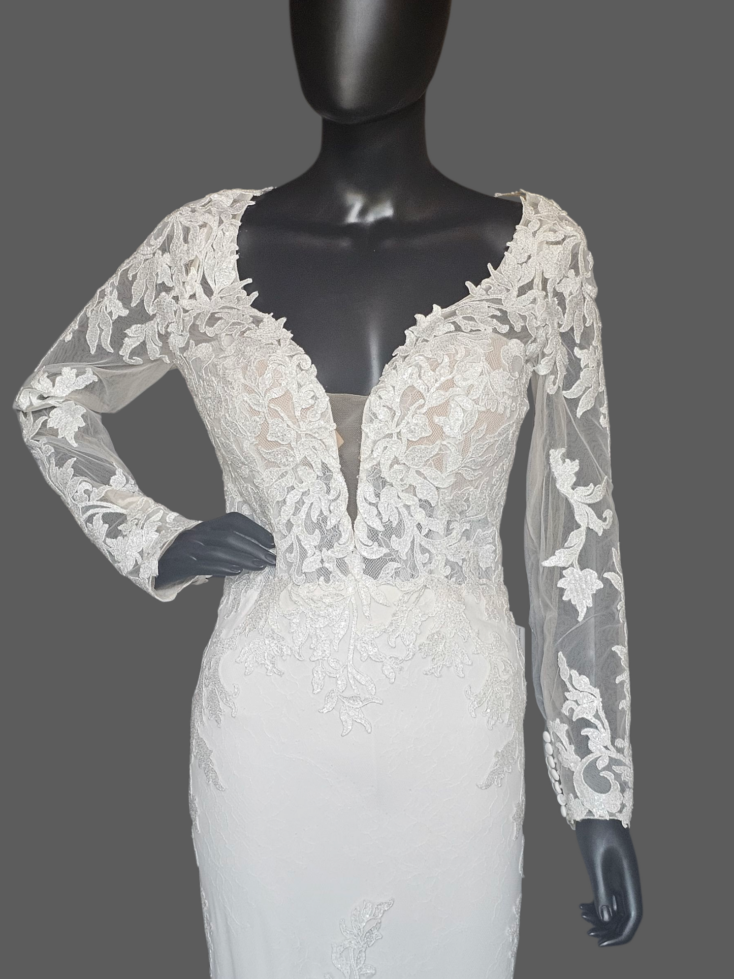 Ivory Lace Overlay Long Sleeve Plunge Fit/Flare Scallop Train Wedding Gown - Mori Lee