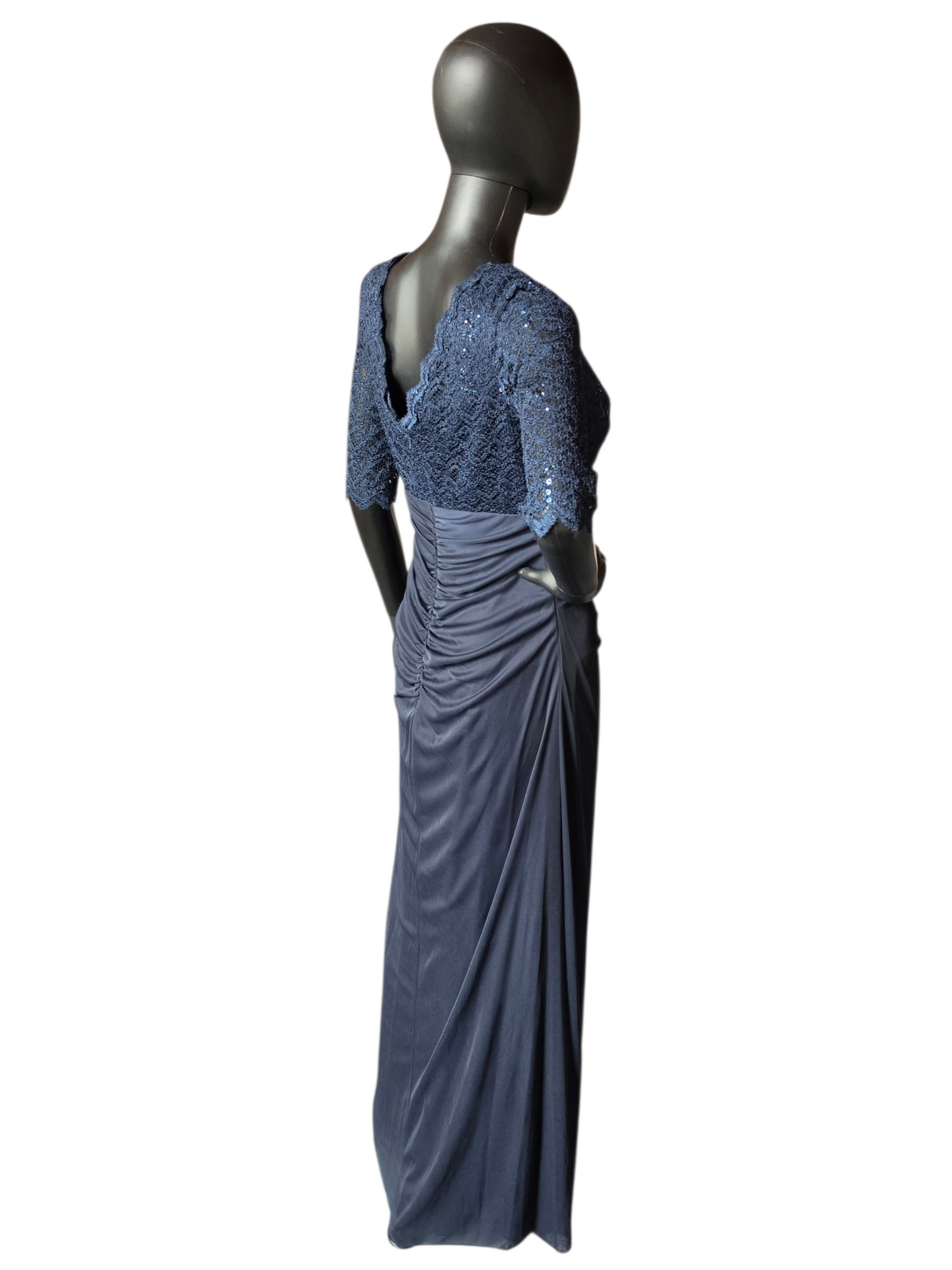 Navy Lace 3/4 Sleeve Crepe Fit/Flare Side Roush V-Neck Formal/ Moms Dress- Betsy + Adam
