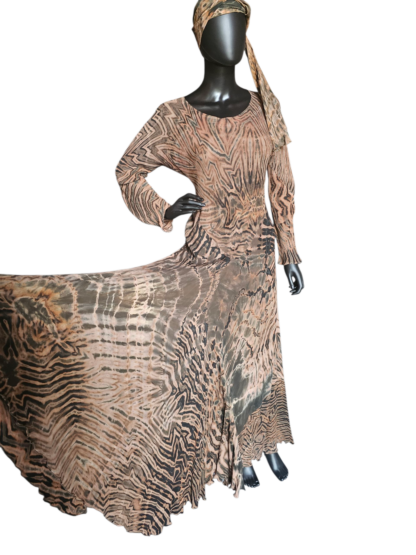 Brown/Black Shibori Silk Hand Dyed Bias Cut Maxi Swing Dress - Carter + Teri