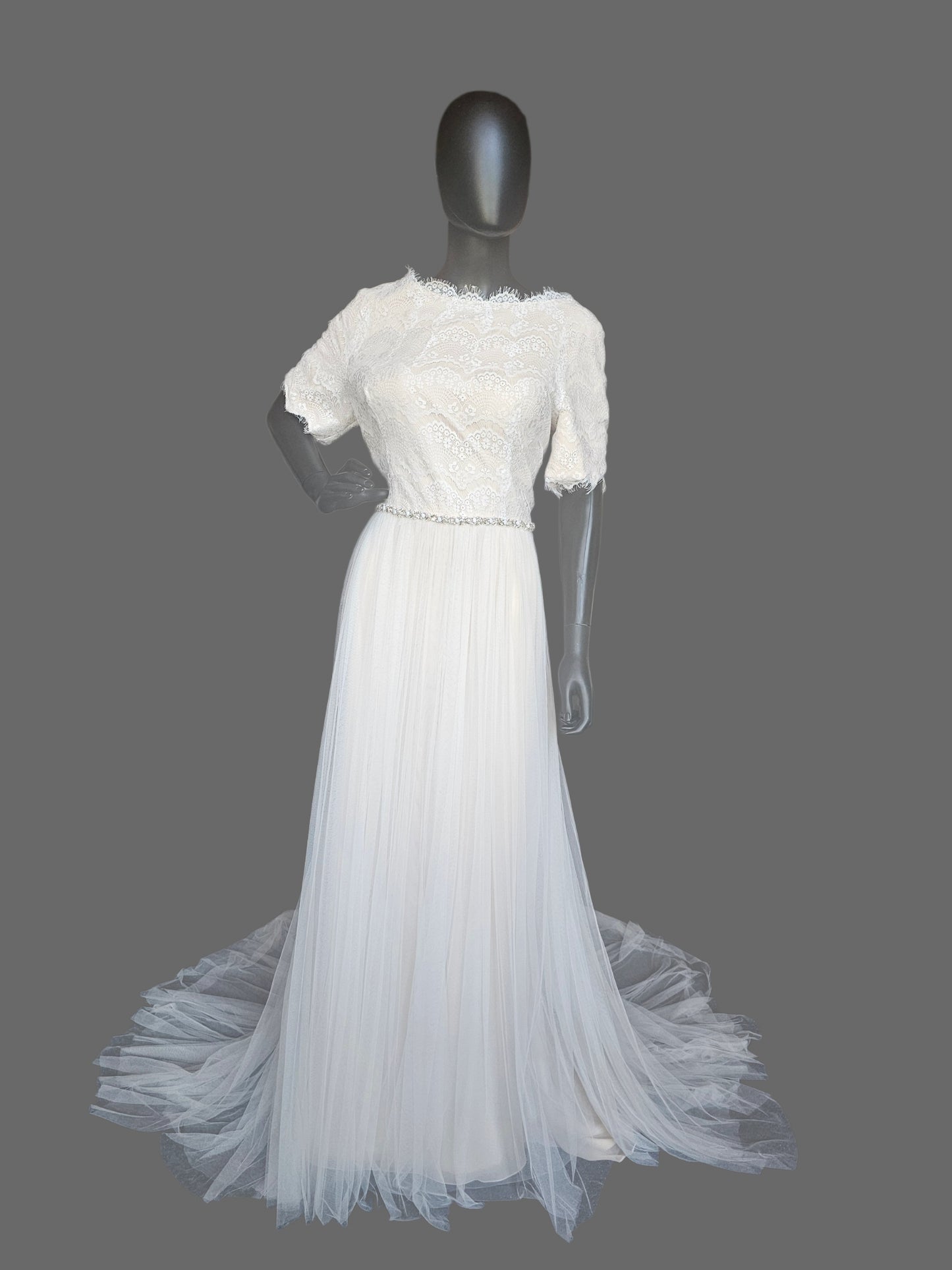 Nude/Lace 1/2 Sleeve Modest Aline Wedding Gown - Rebecca Ingram