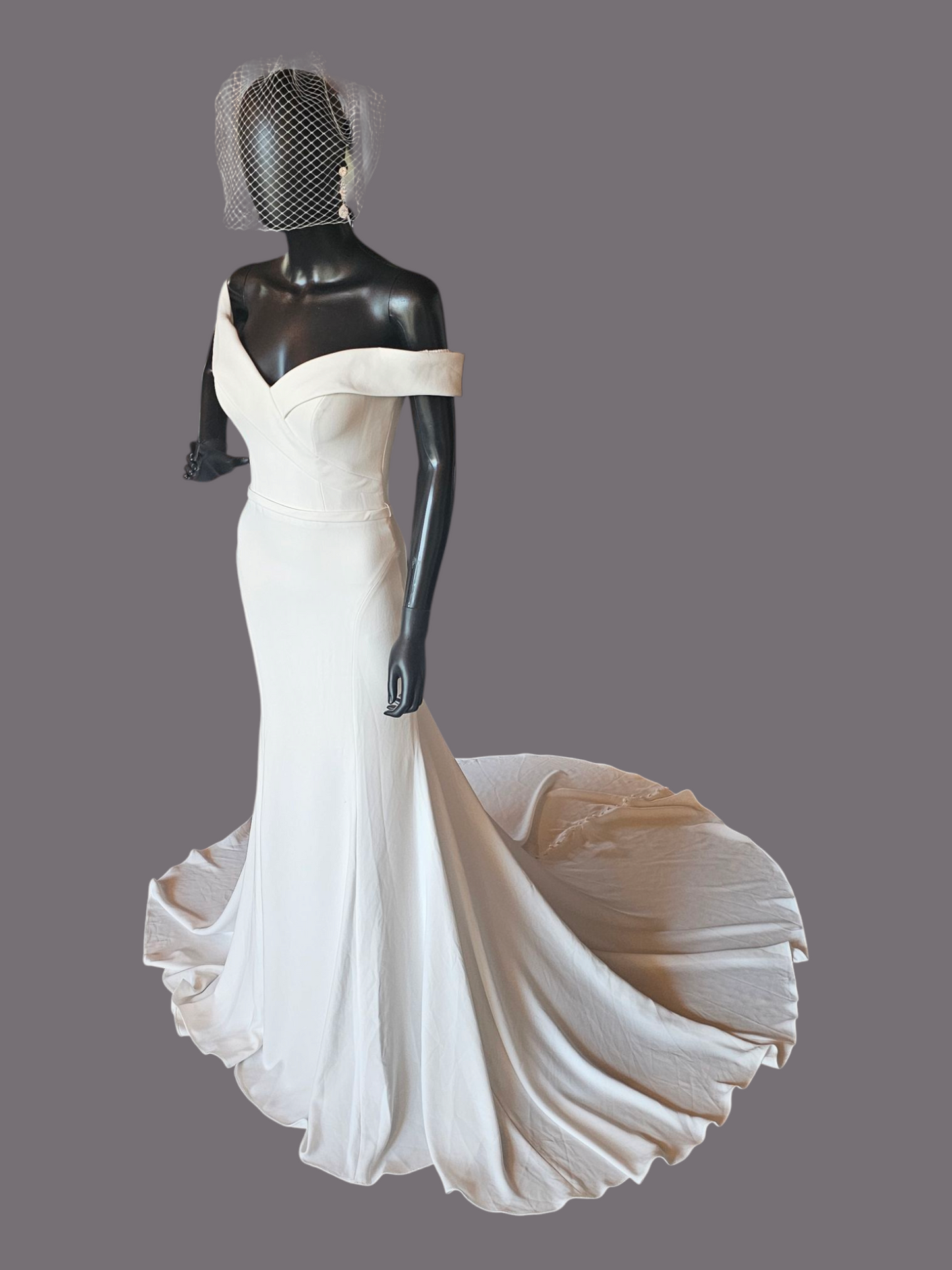 Ivory Off Shoulder Fitted Crepe Wedding Gown