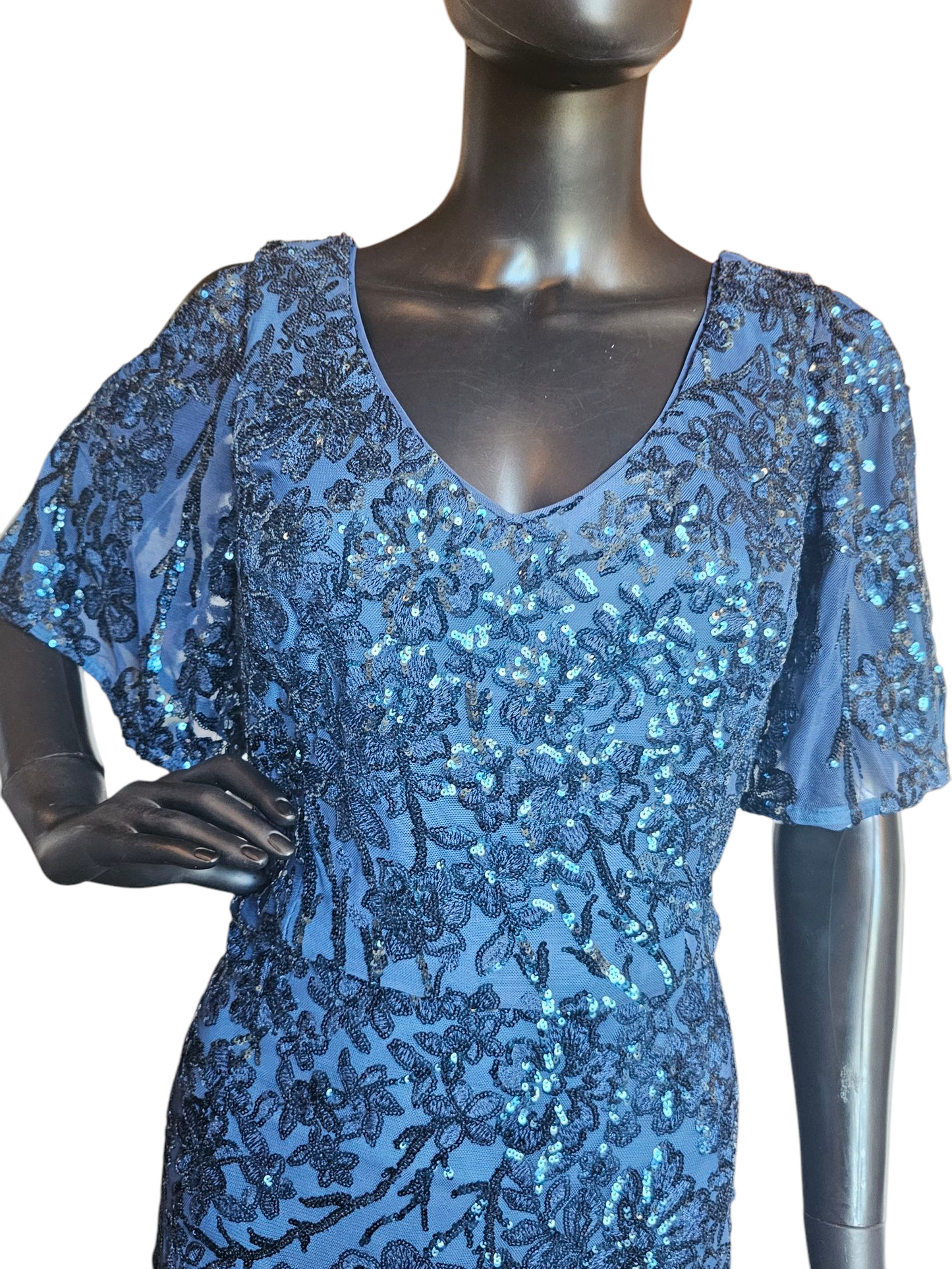 Royal Blue Beaded Cold Shoulder Flutter Sleeve Formal Gown - Alex Evenings