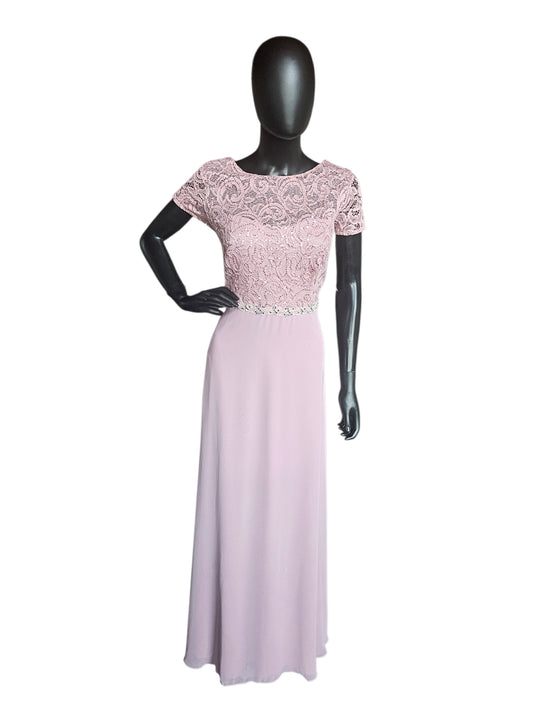Mauve Beaded Belt/Lace Details Cap Sleeve Crew Neck Full Length Formal Dress - Jackie Jon