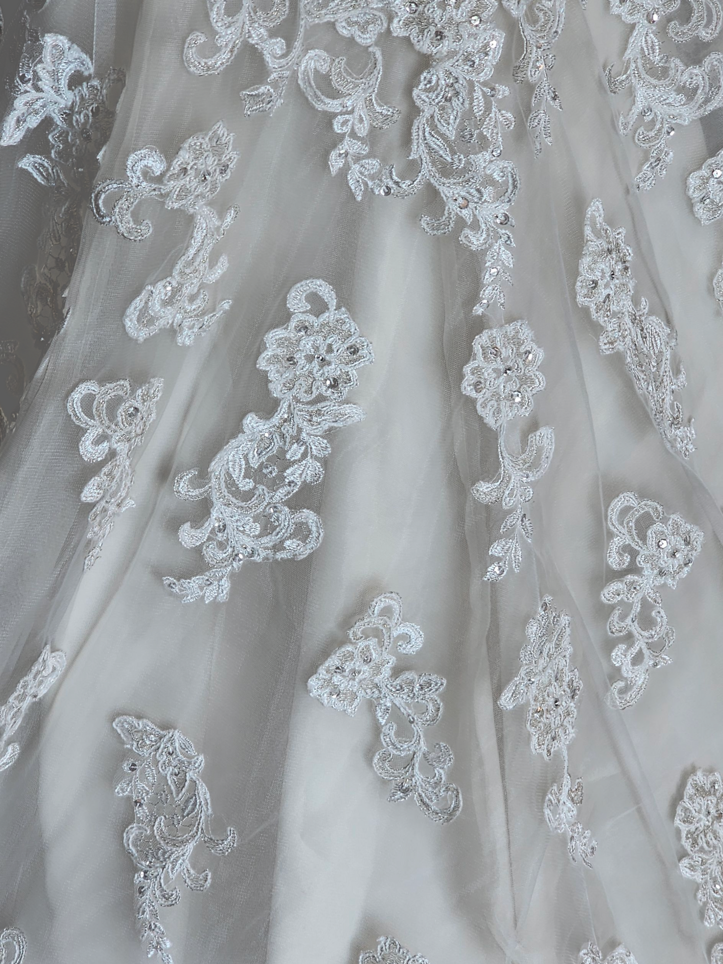 Ivory/Champagne Off Shoulder Fit and Flare Sparkle Illusion Wedding Gown