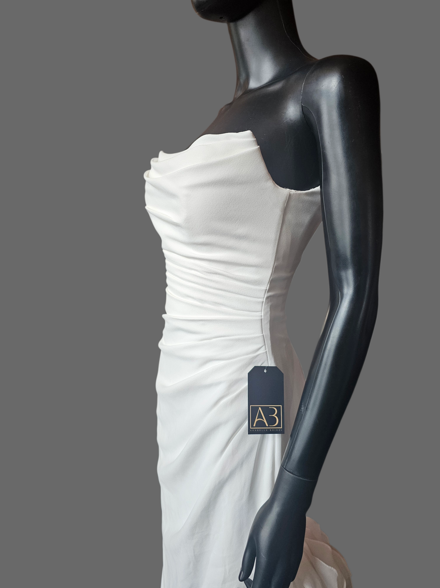 Ivory Crepe Fit and Flare Cat Eye Neckline Wedding Gown (Petite) - Selby Rae RENEWAL