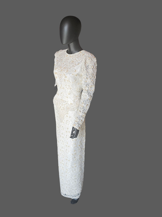 Vintage Ivory Beaded Lace Long Sleeve Fitted Sheath Wedding Gown
