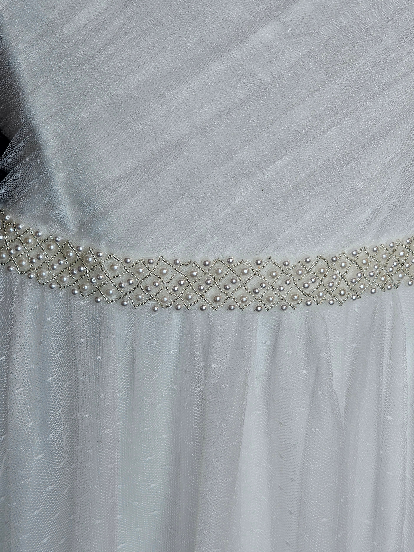 Ivory Swiss Dot Off Shoulder Cap Sleeve Pearl Belt Wedding Dress - Da Vinci