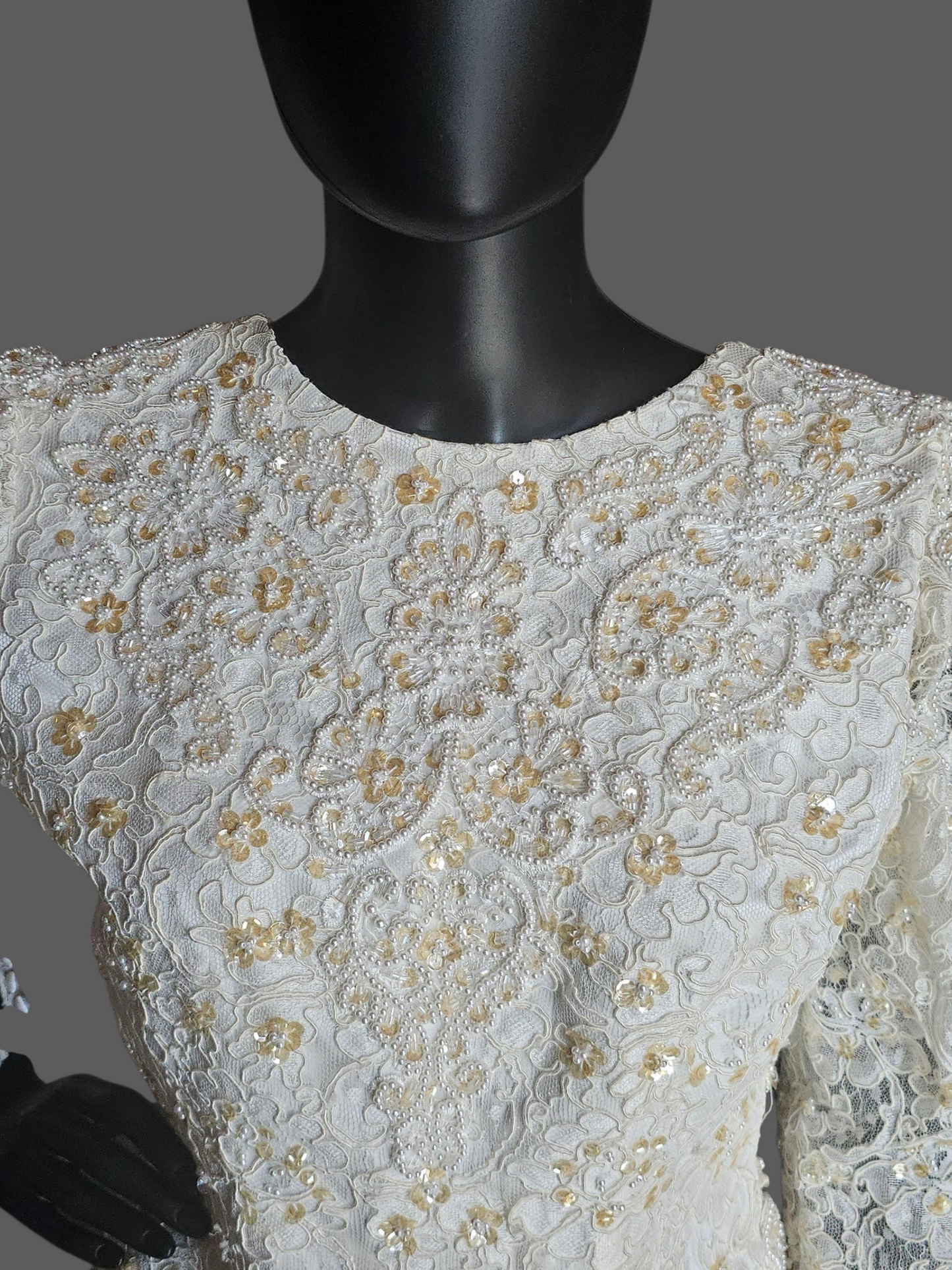 Vintage Ivory Beaded Lace Long Sleeve Fitted Sheath Wedding Gown