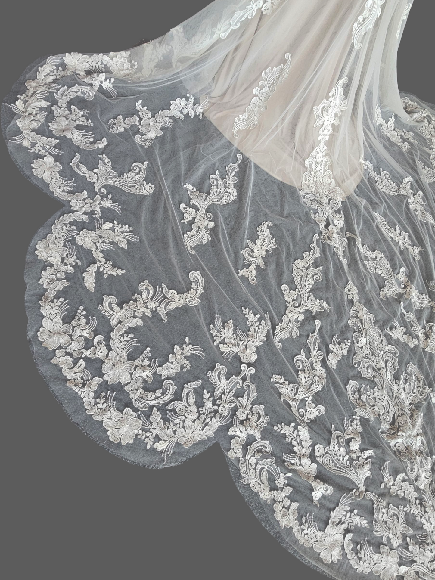 Ivory/Cappuccino Lace Halter Fit/Flare Scallop Train Wedding Gown - Mori Lee