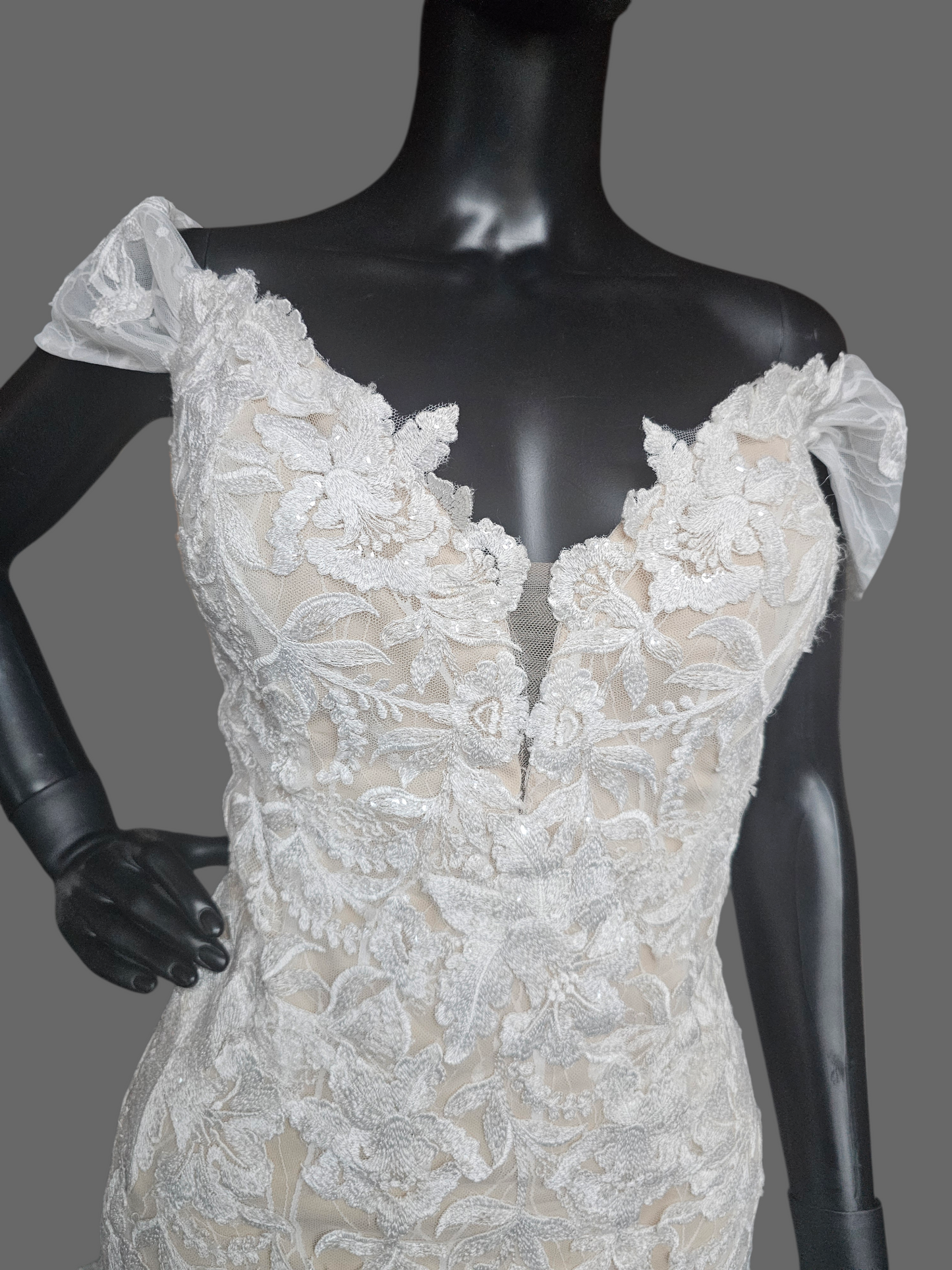 Ivory/Honey Layered Lace Fitted Off Shoulder Wedding Gown - Martin Thornburg