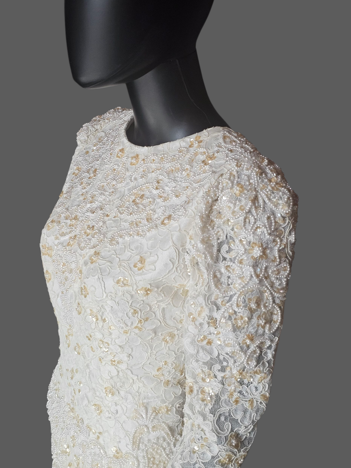 Vintage Ivory Beaded Lace Long Sleeve Fitted Sheath Wedding Gown