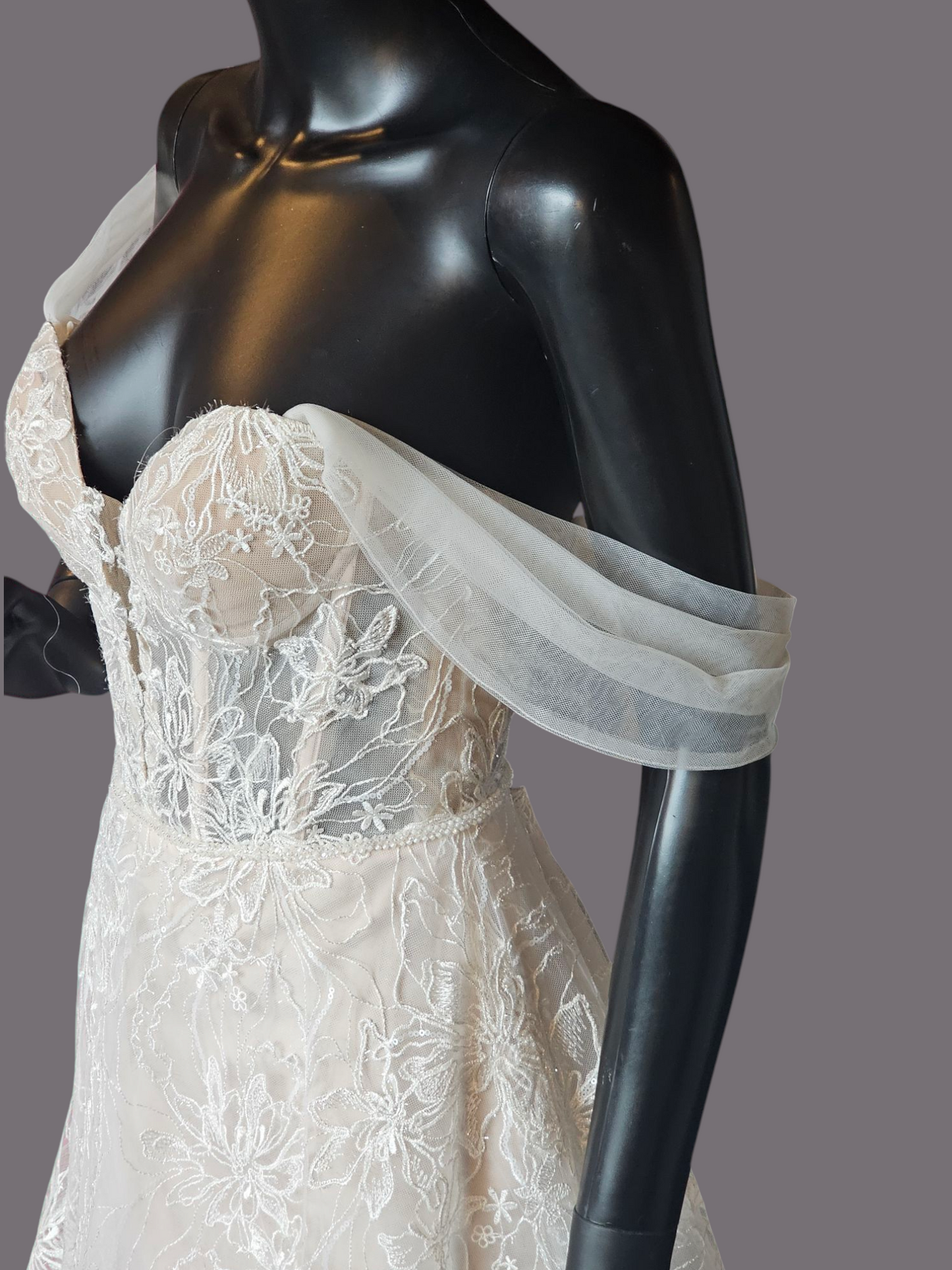 Natural Waist Off Shoulder Vintage Rose Embroidered Wedding Gown