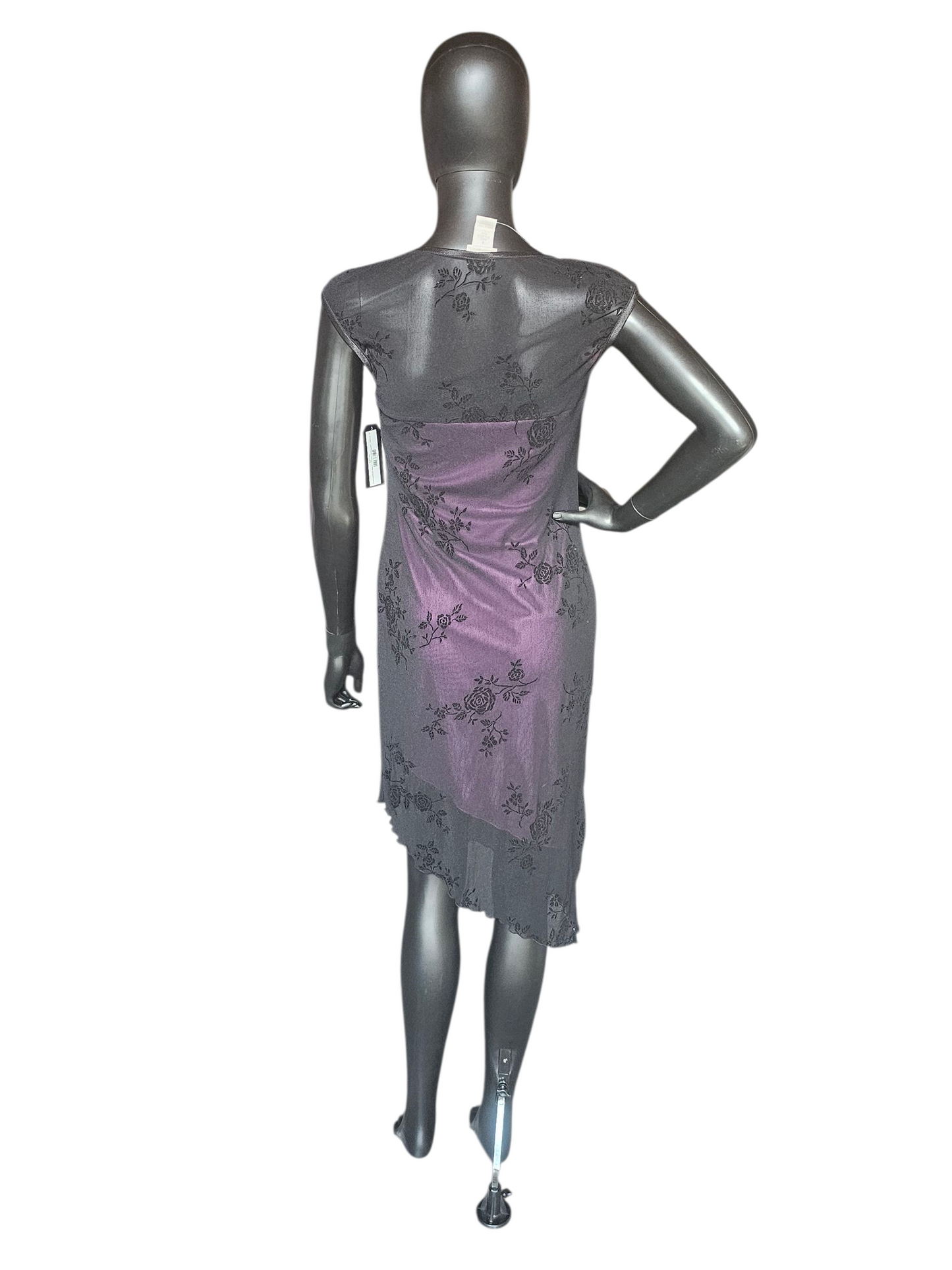 Mid Length Dress Asymetrical Black Overlay W/Purple Rose Burnout NWT - Moda