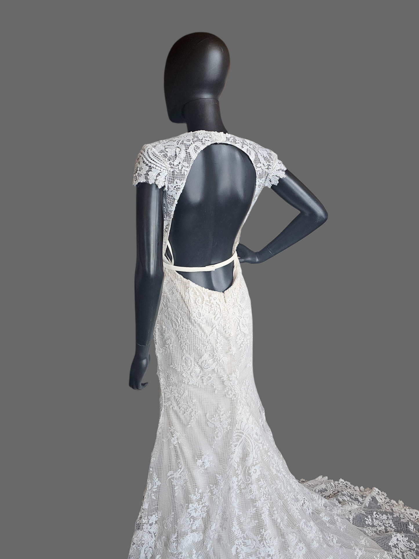Ivory Open Weave Lace Cap Sleeve Open Open Back Wedding Gown - Beloved