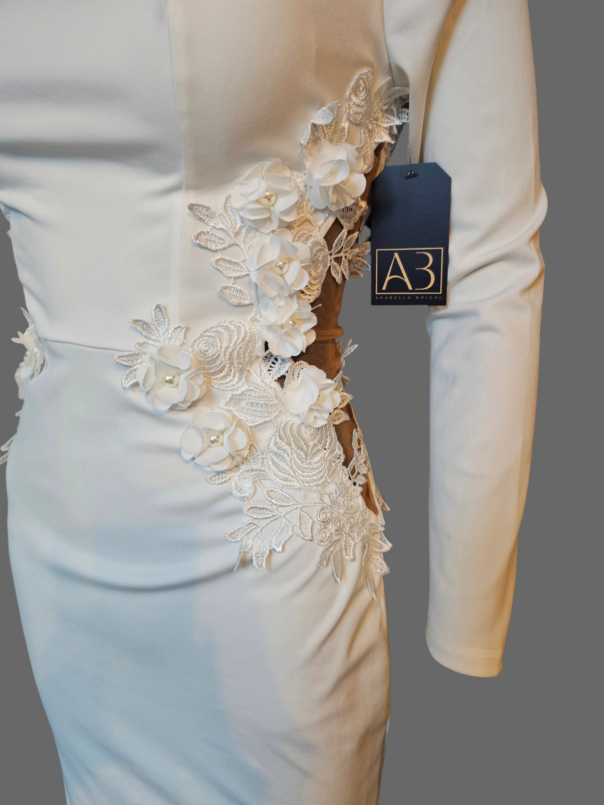 White High Neck Long Sleeve Floral Cutout Wedding Gown