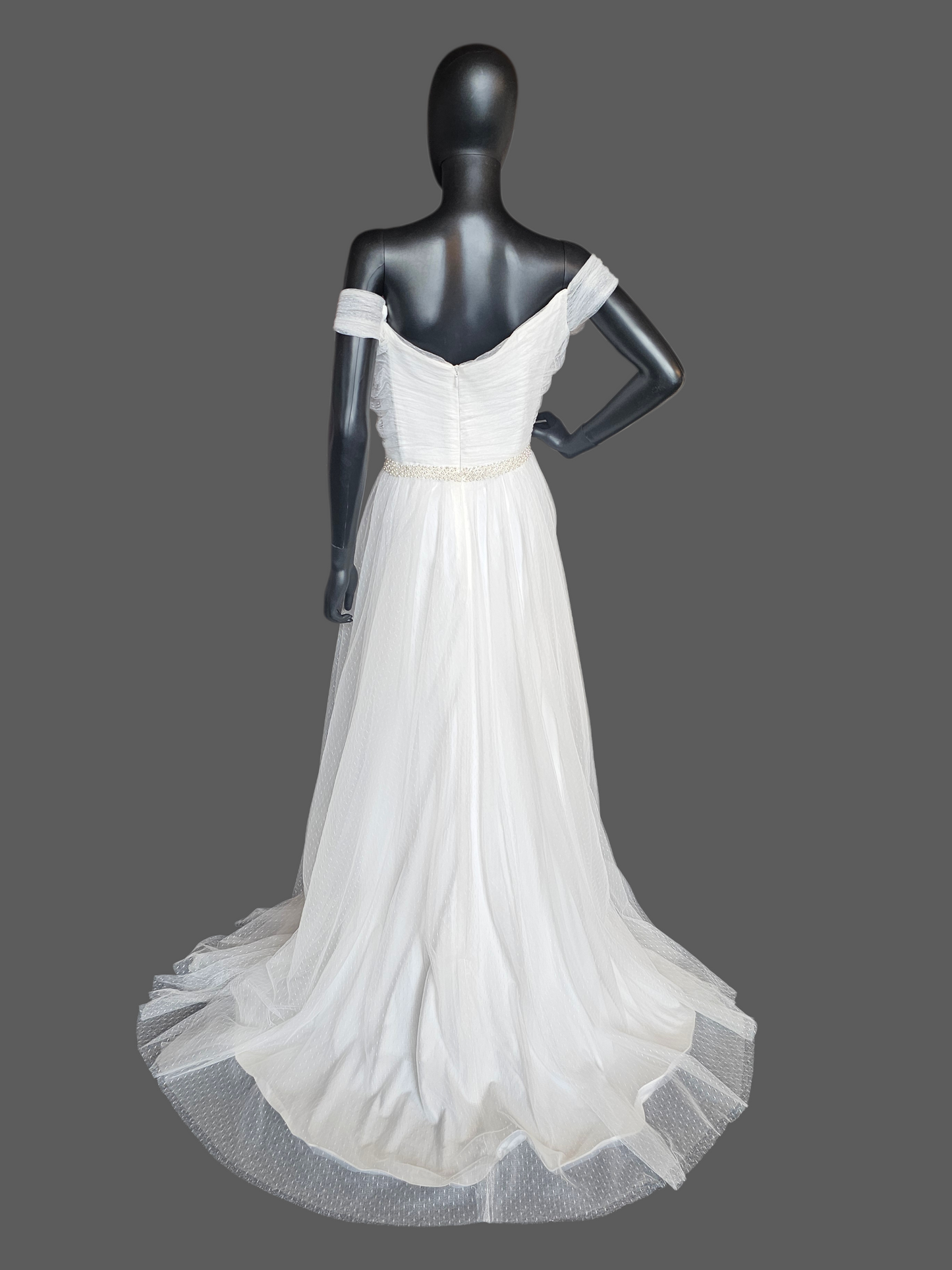 Ivory Swiss Dot Off Shoulder Cap Sleeve Pearl Belt Wedding Dress - Da Vinci