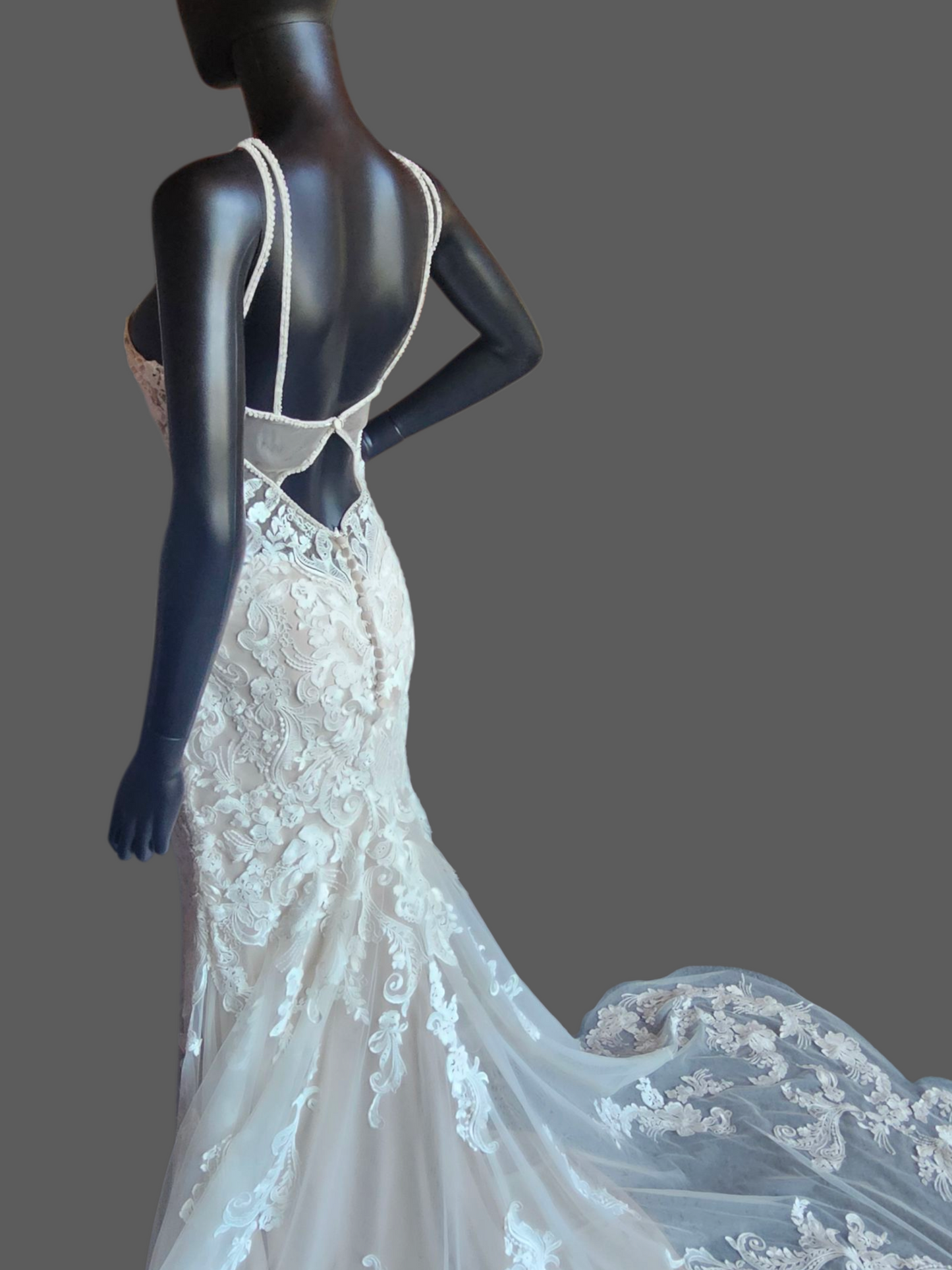 Ivory/Cappuccino Lace Halter Fit/Flare Scallop Train Wedding Gown - Mori Lee