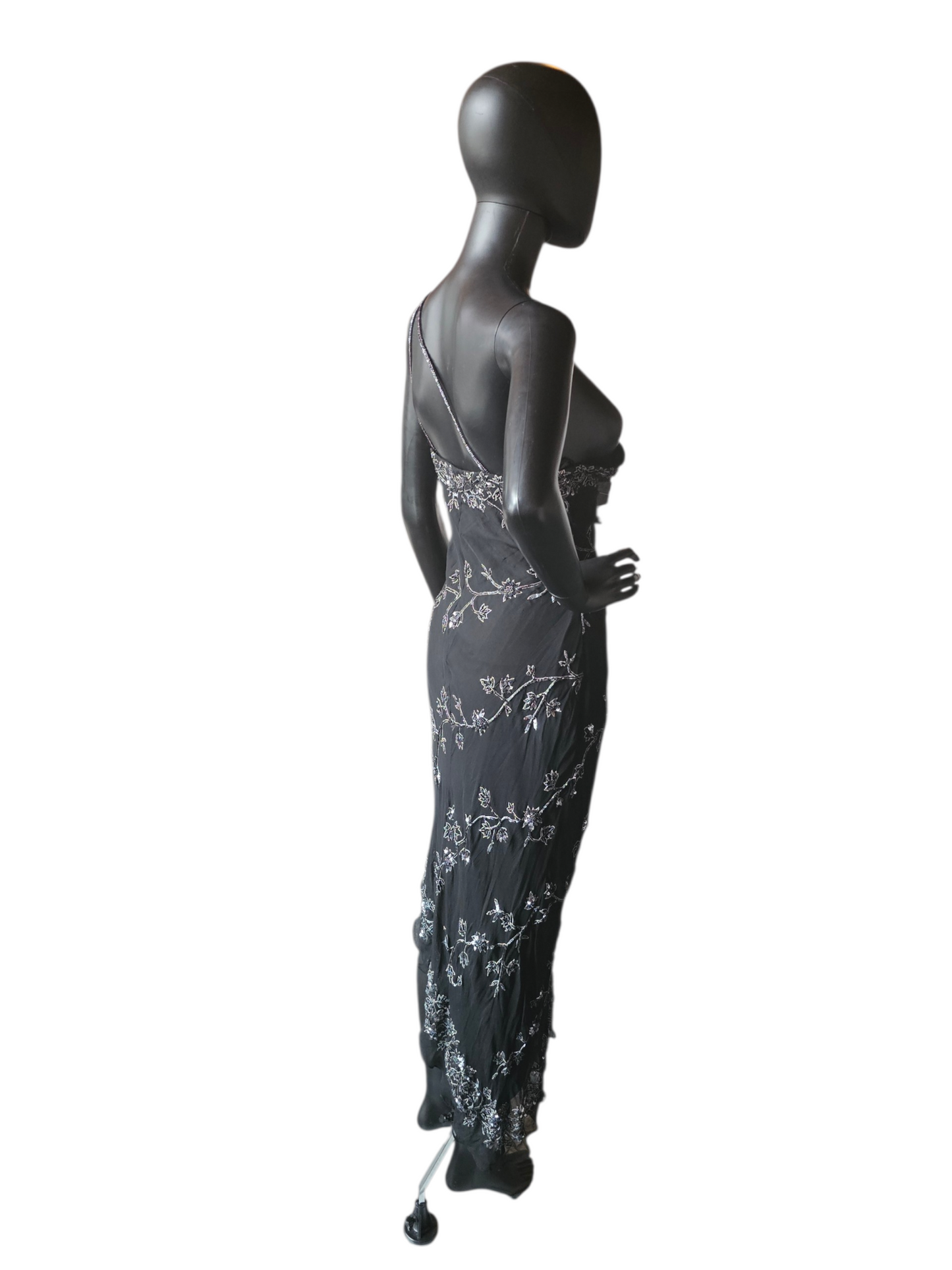 100% Silk Vintage Black Beaded Asymmetrical HighLow Dress - Scala