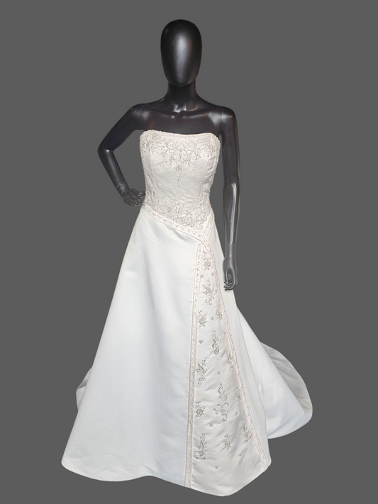 Vintage White/Blush Accent Asymetric A-Line Satin Wedding Gown - Mori Lee