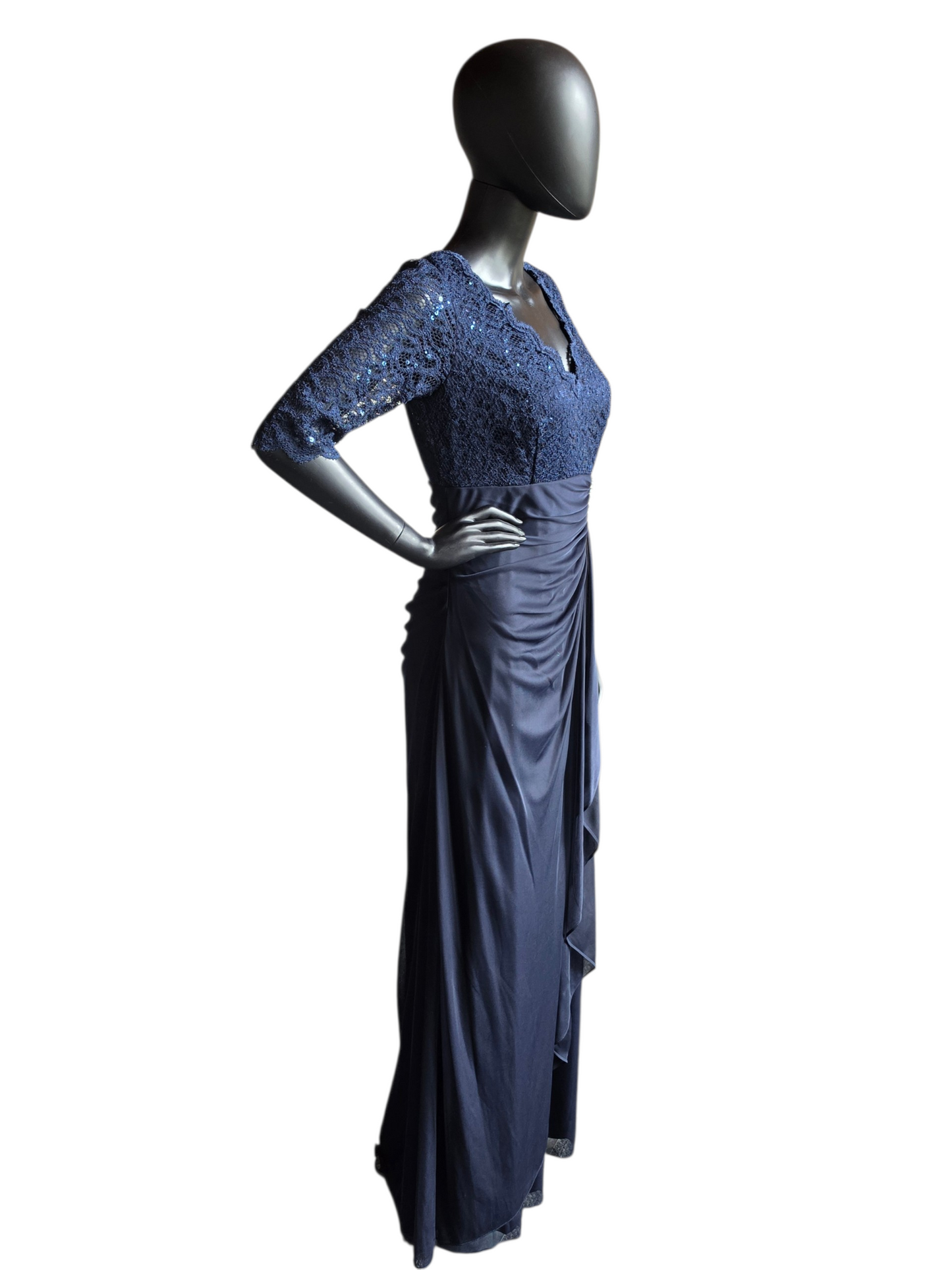 Navy Lace 3/4 Sleeve Crepe Fit/Flare Side Roush V-Neck Formal/ Moms Dress- Betsy + Adam
