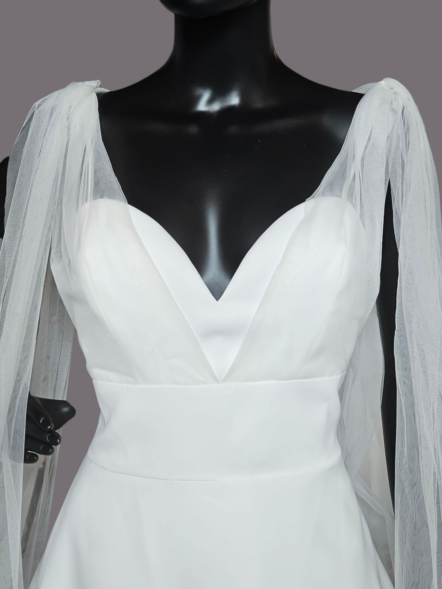 Plunge V-Neck Tulle Arm Detail Wedding Gown - Amy & Eve