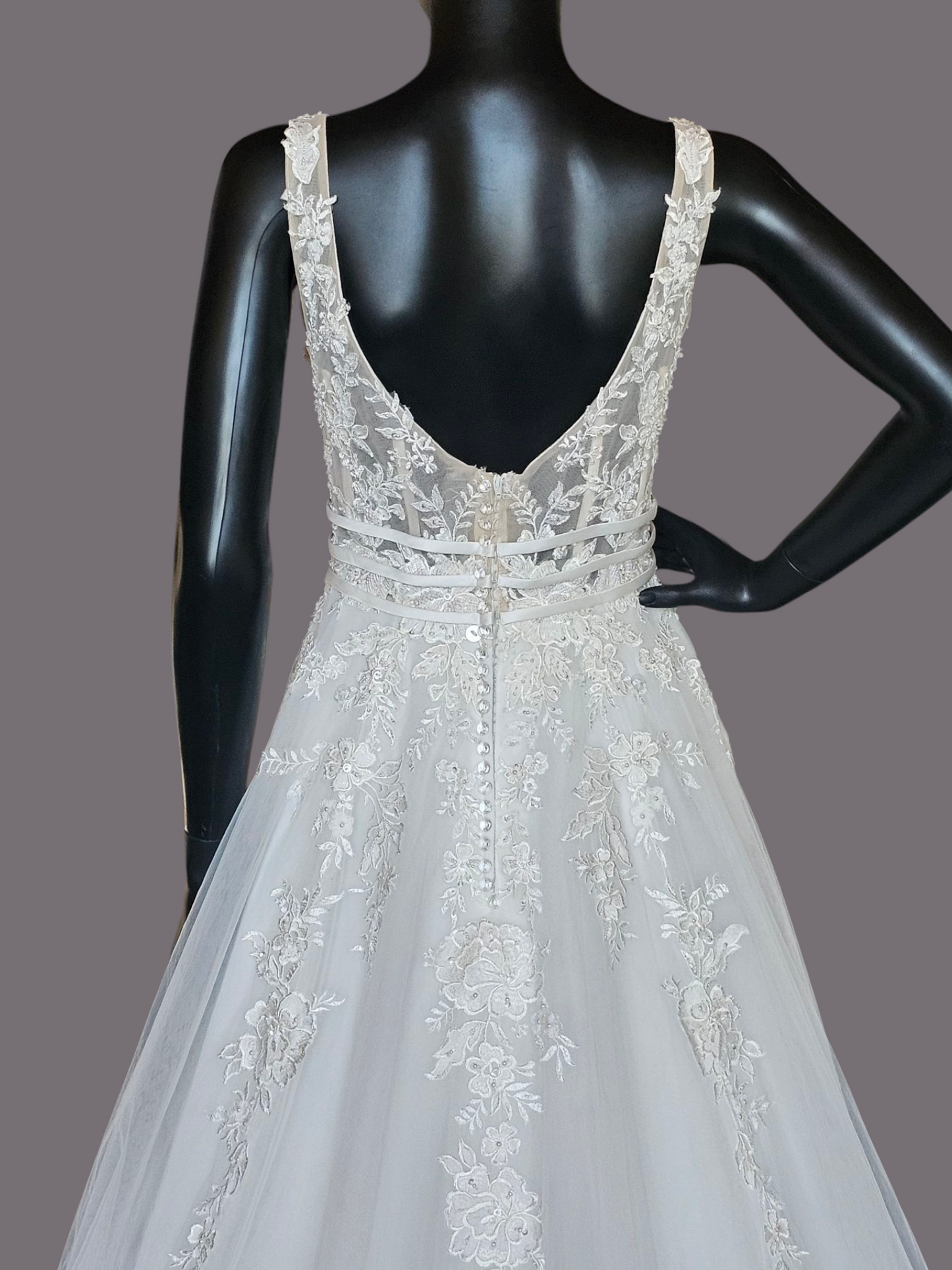 Ivory A-Line Illusion Bodice Floral Applique Wedding Gown - Bliss Bridal