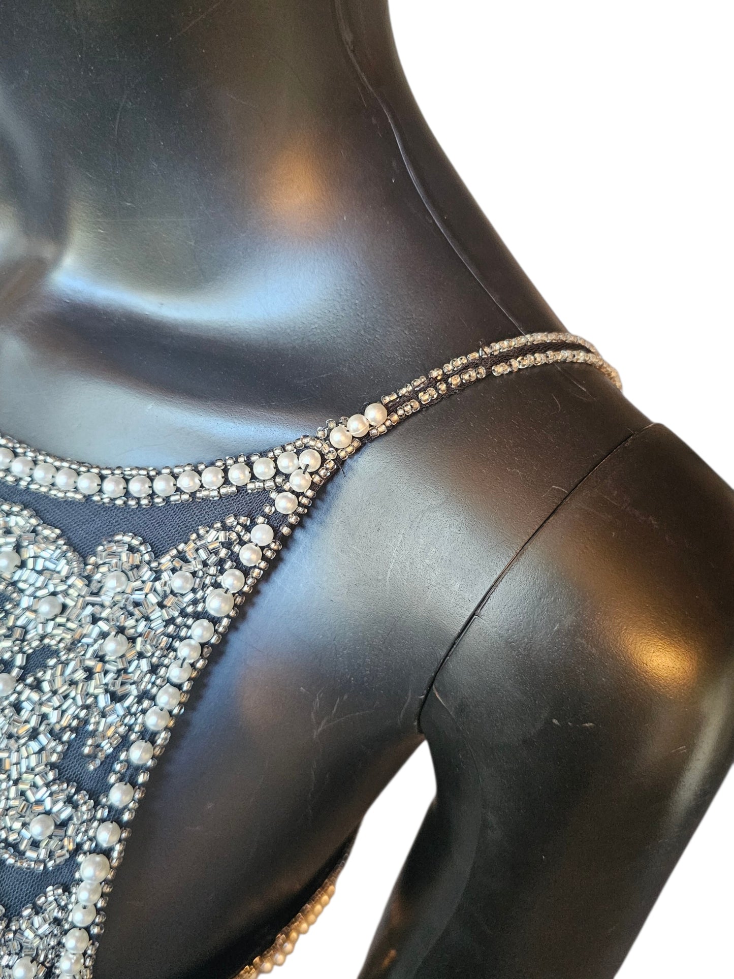 Black/Silver/Pearl Halter Fitted Beaded Spaghetti Straps Formal/Prom/Gala Dress - Abby Paris