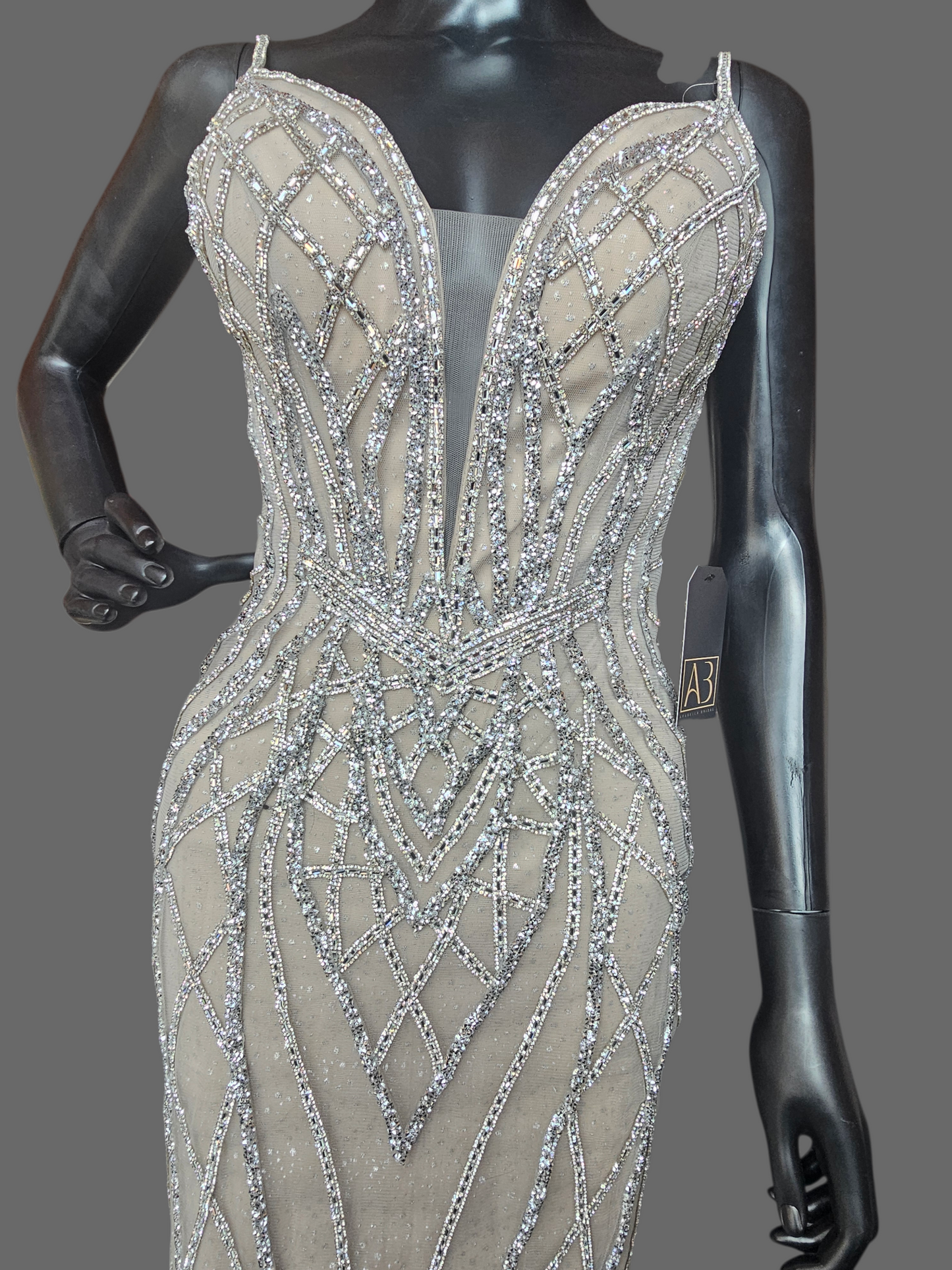 Nude Plunge Crystal Fitted Formal/Gala Dress - GB Social