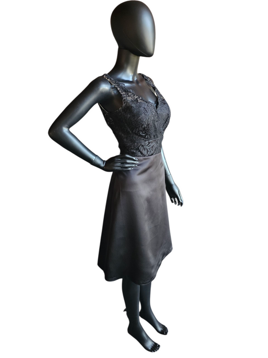 Black Satin/Lace Illusion A-Line Cocktail Dress - Da Vinci