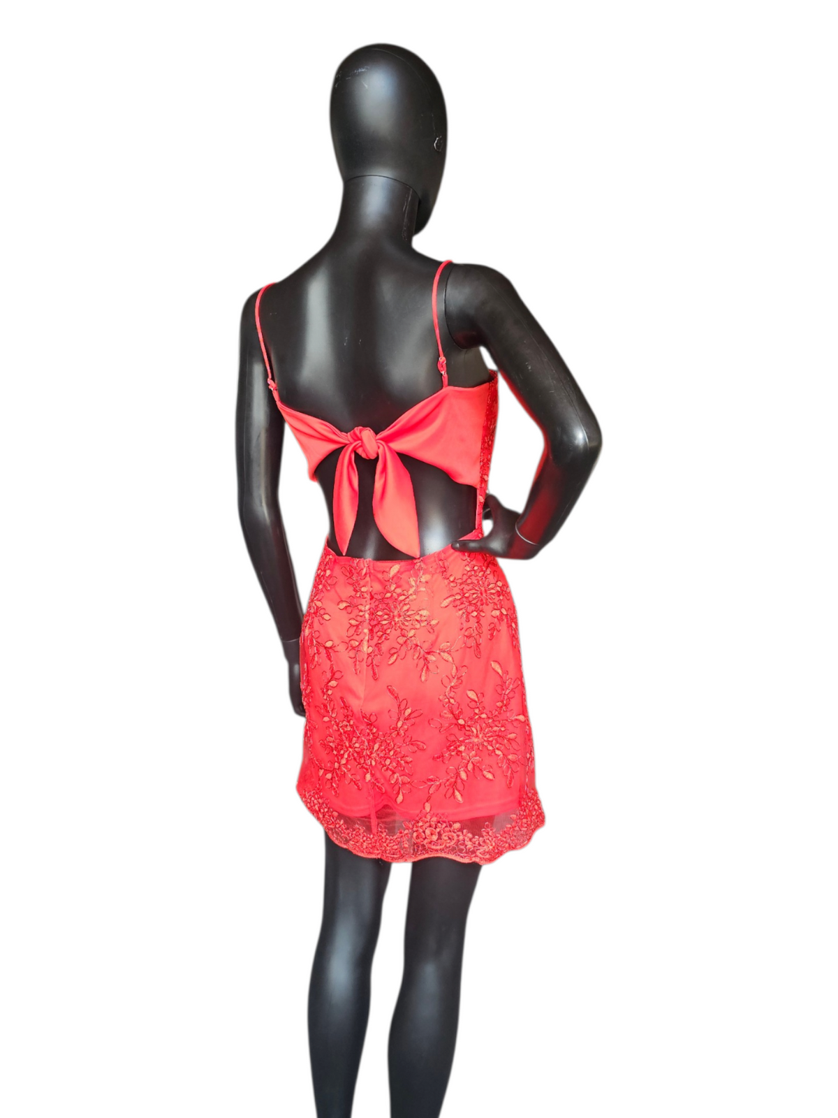 Red Corded Lace Fitted Open Back Homecoming Dress - Lucy in the Sky