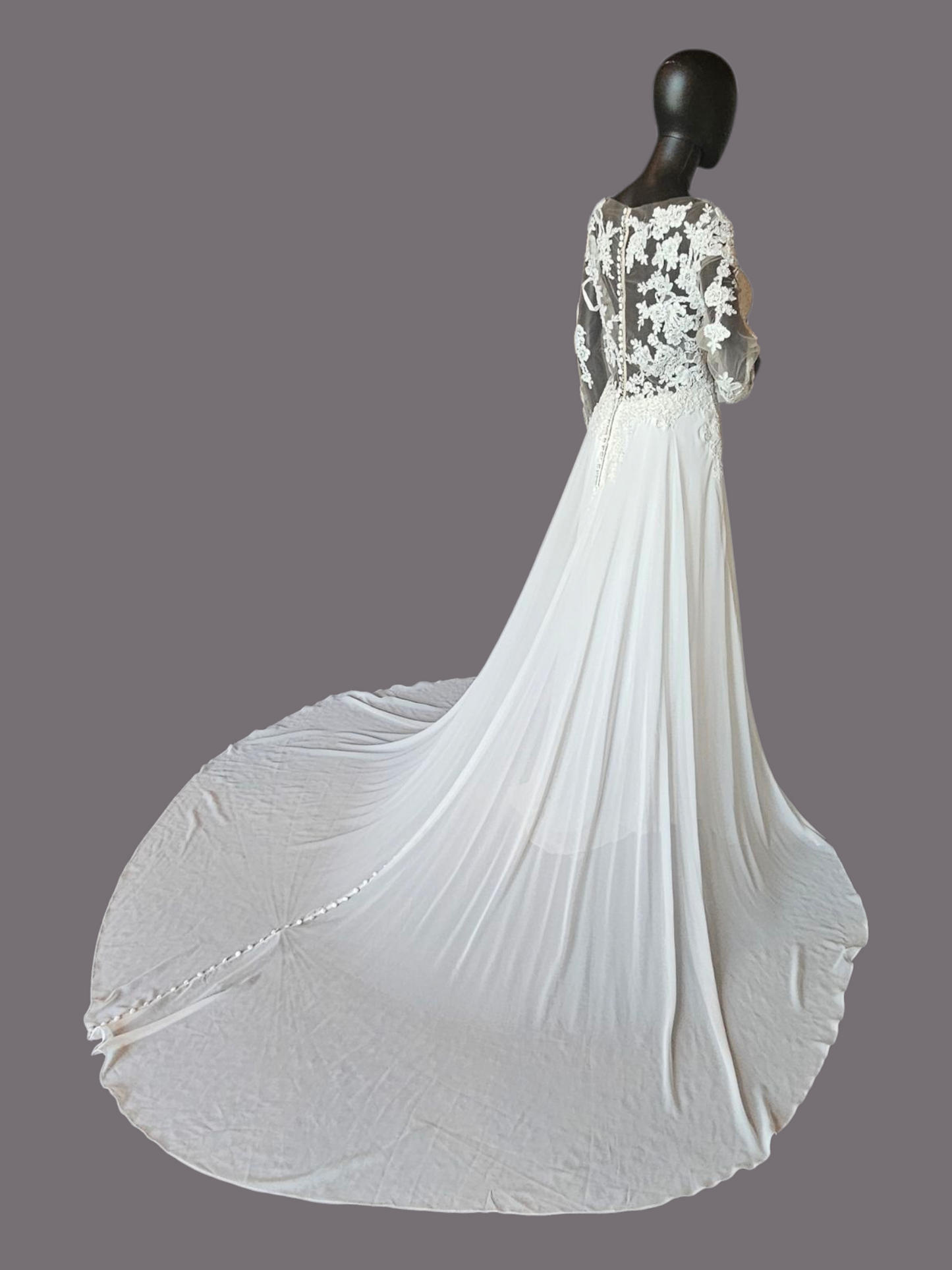 Ivory/Nude Deep Plunge Long Sleeve Chiffon Wedding Gown - Allure Romance