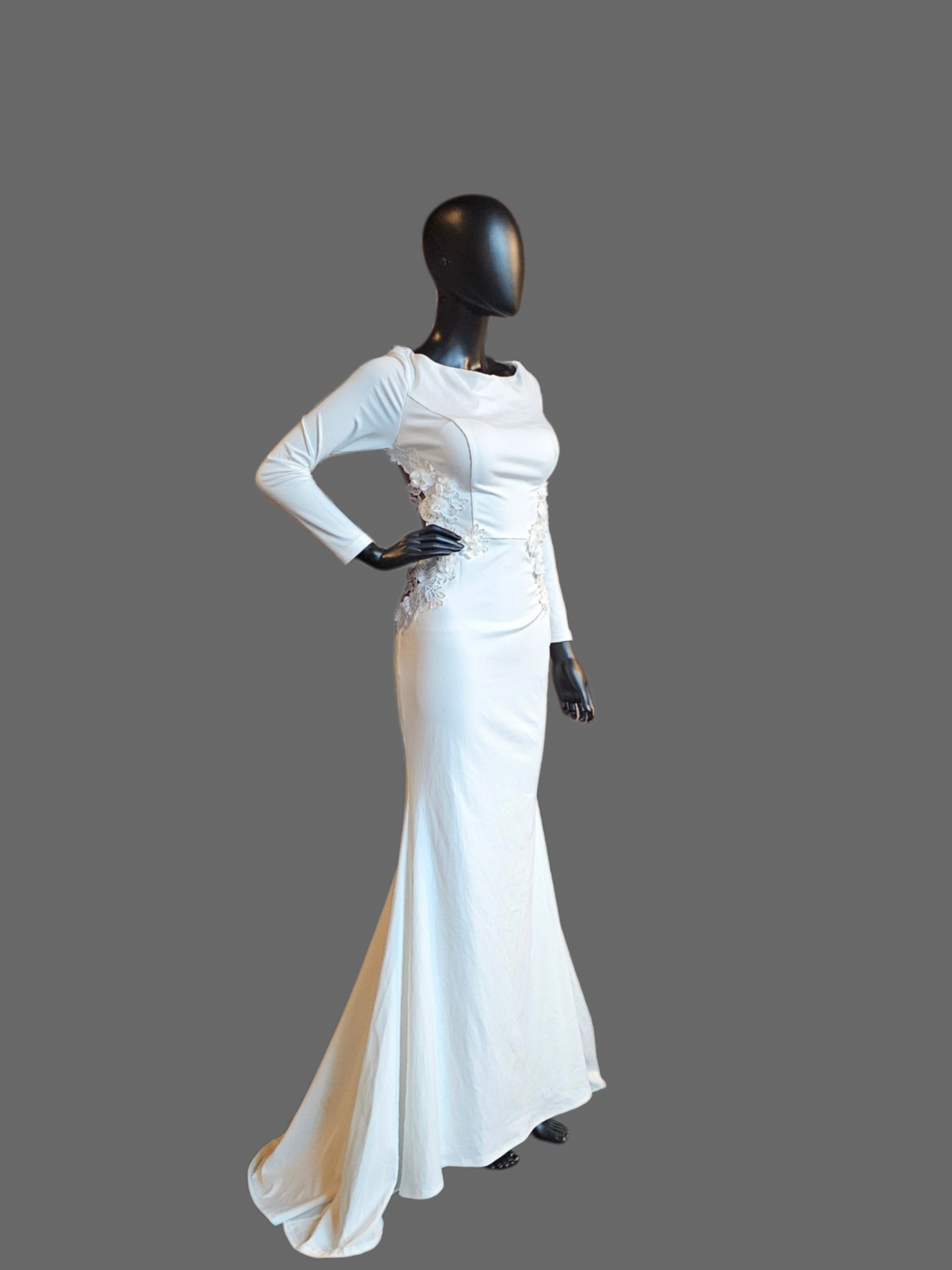 White High Neck Long Sleeve Floral Cutout Wedding Gown