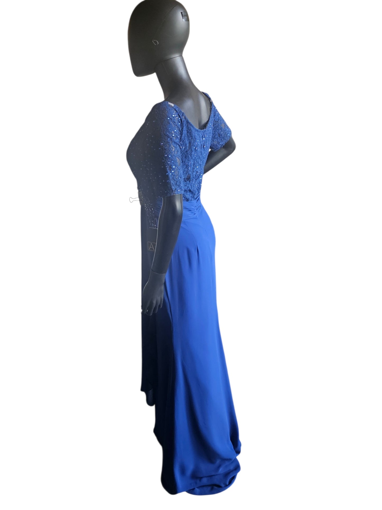 Royal Blue Scoop Neck Lace Gathered Waist - Alyce Paris