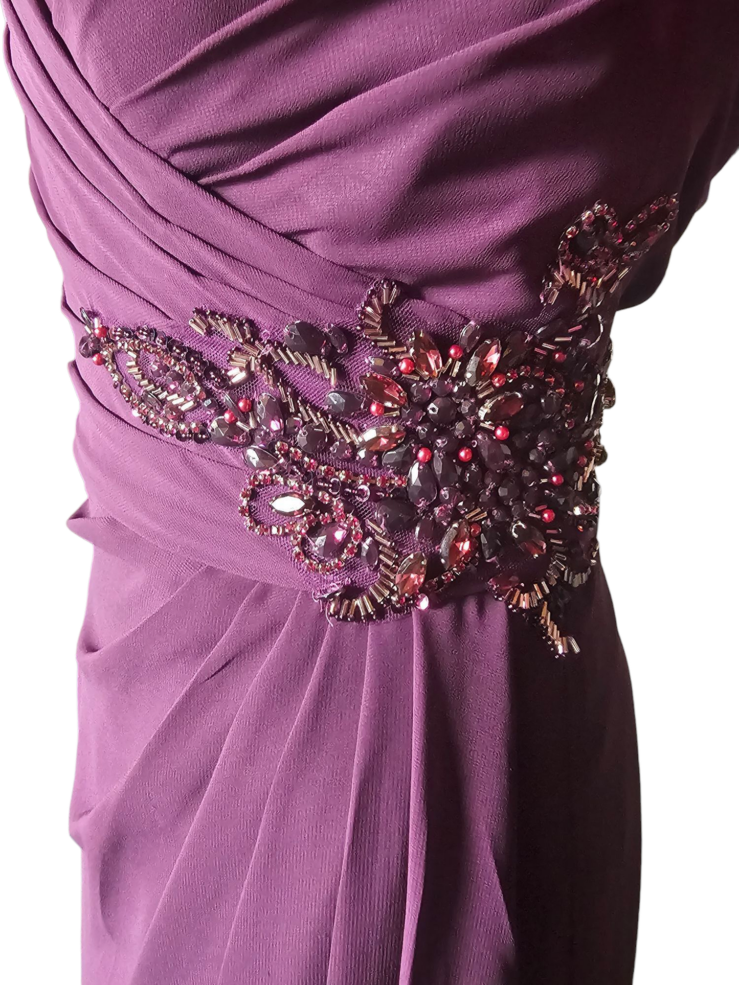 Plum Lace Sleeve Illusion Side Ruched Formal Gown - MGNY