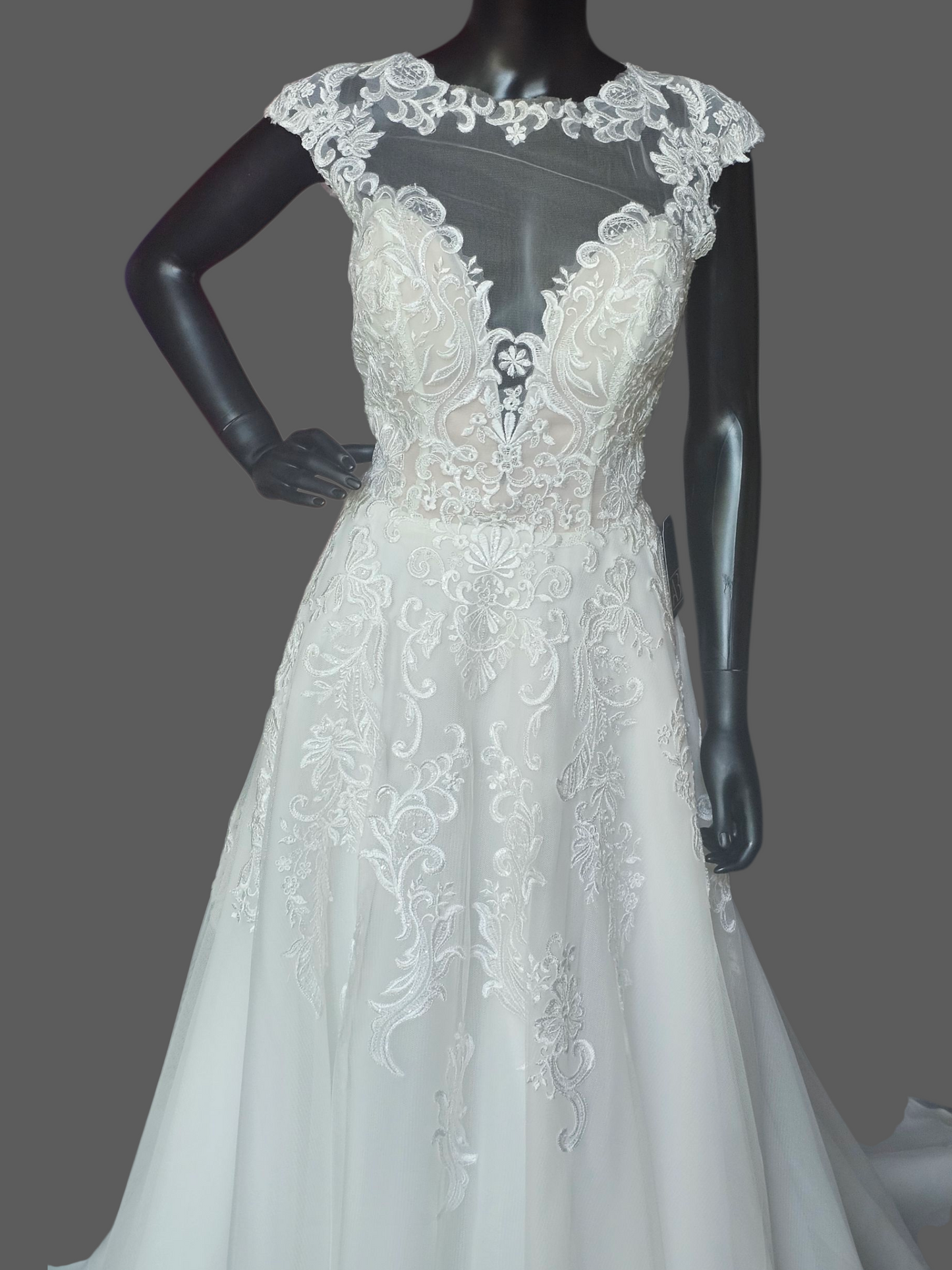 Ivory Illusion Cap Sleeve A-Line Net Wedding Gown - Mori Lee