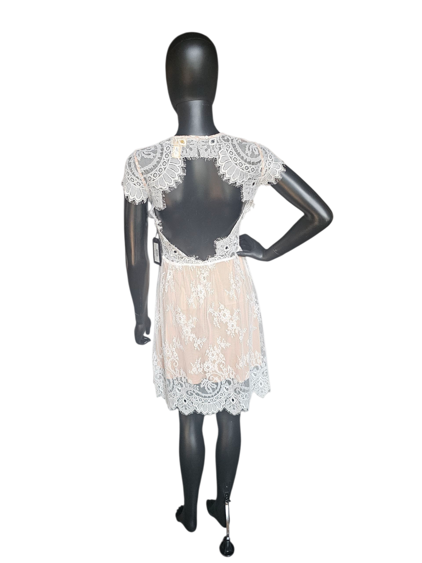 White/Tan Open Back Lace Short Party Dress