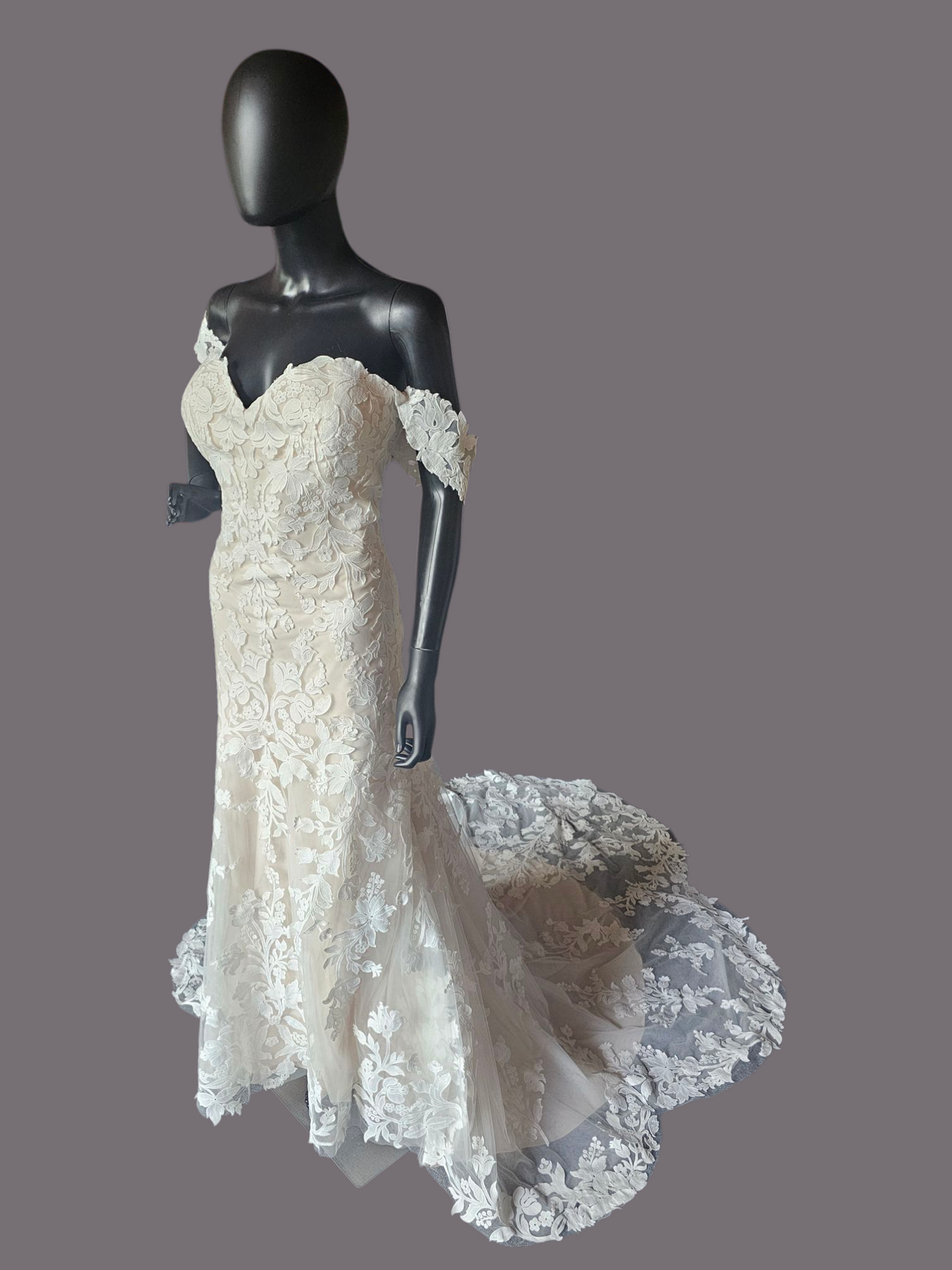 Ivory/Champ Floral Lace Off Shoulder Wedding Gown - Madeline Gardner