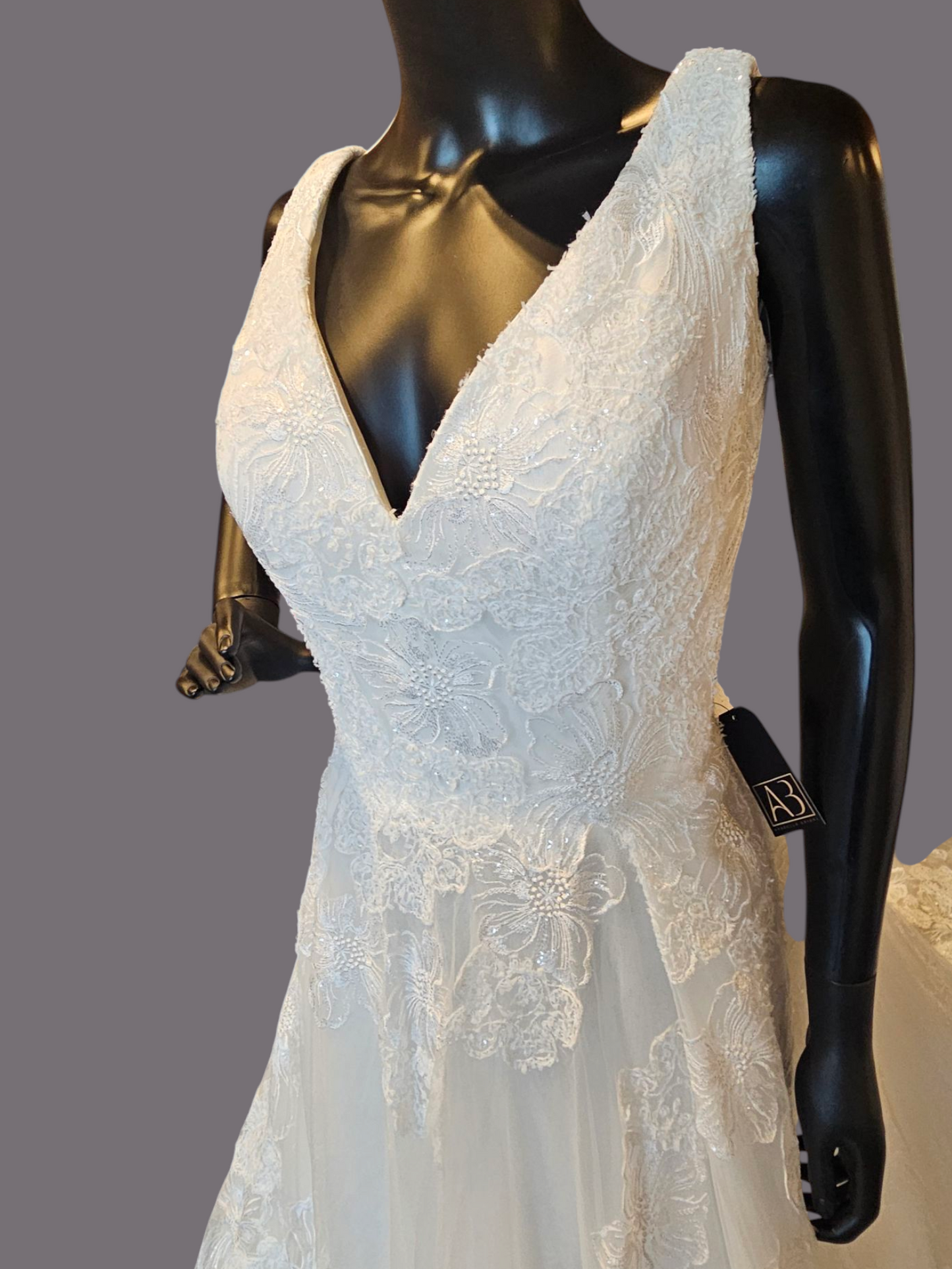 Ivory V-Neck Full Skirt Large Scale Floral Embellished Wedding Gown - Adrianna Papell