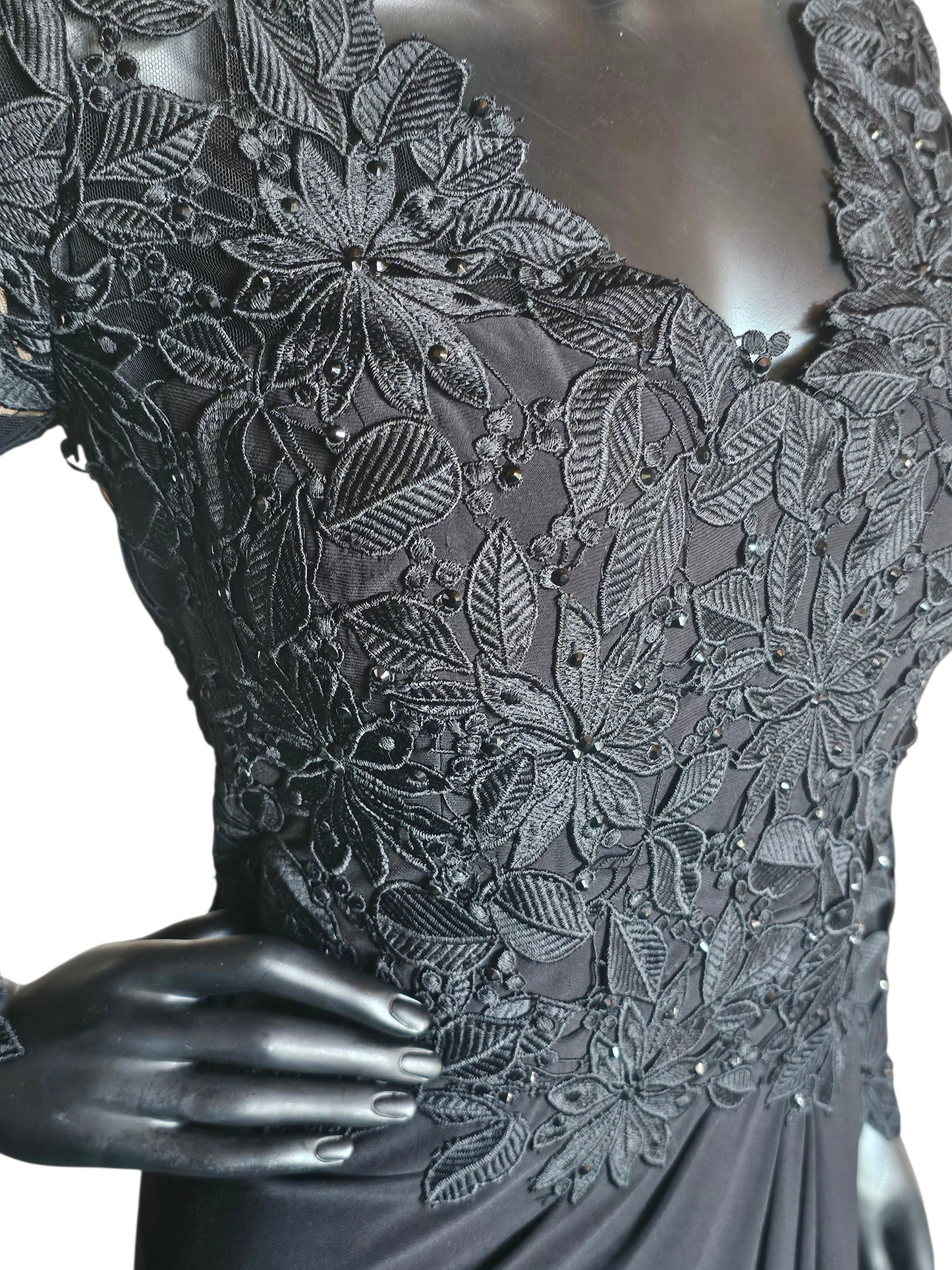 Black Open Weave Lace Long Sleeve V-Neck Formal Dress - Madeline Gardner