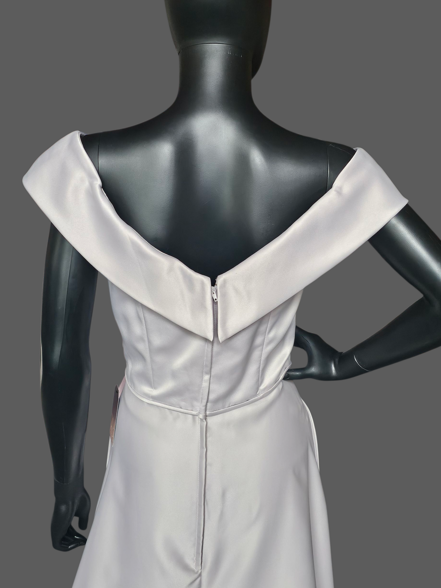 Dew Drop (Silver) Off Shoulder Satin Full Length A-Line Formal Dress - Mori Lee