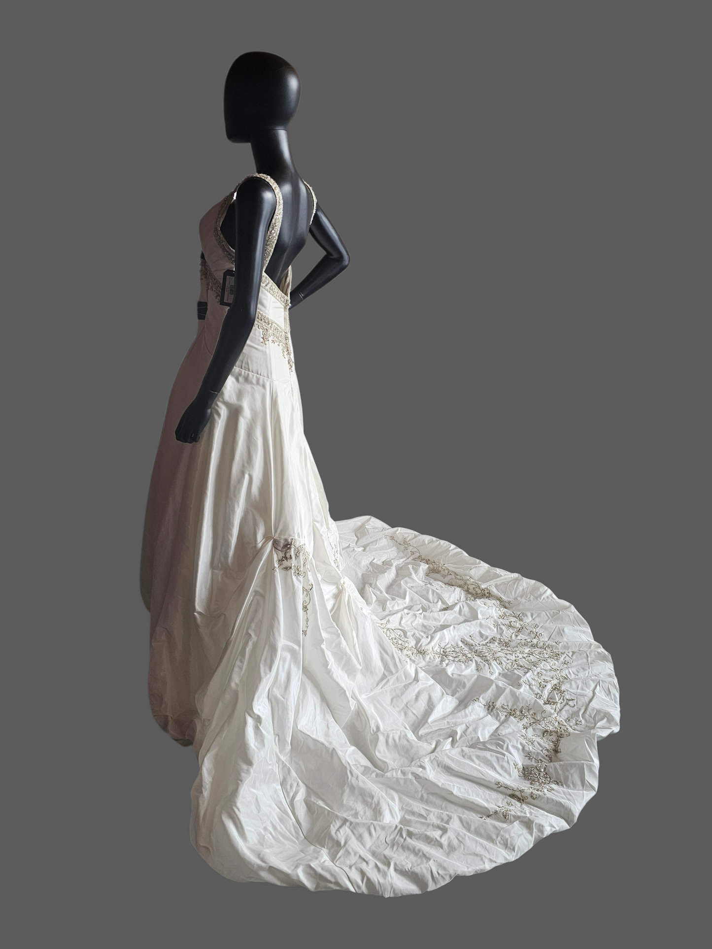 Ivory Taffeta Drop Waist V-Neck Wedding Gown - Petite
