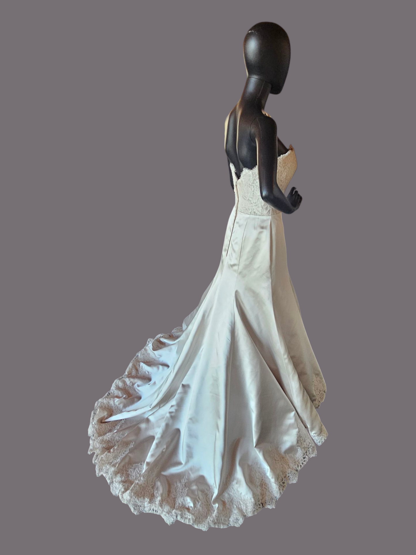 Oyster Satin/Lace Bodice Fit and Flare Wedding Gown