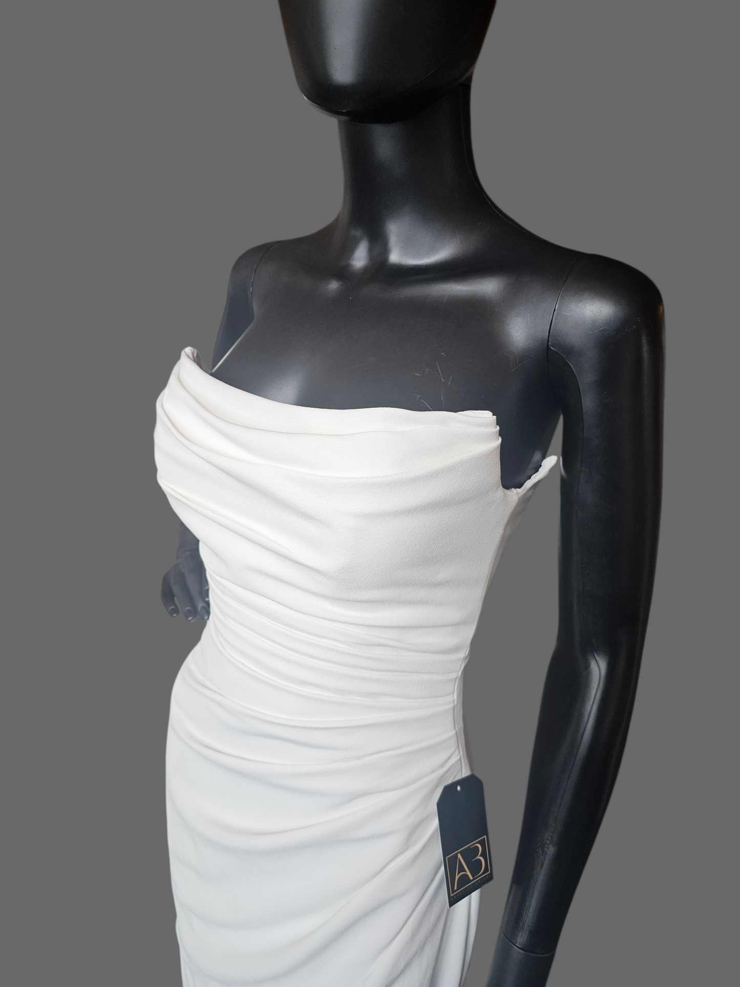Ivory Crepe Fit and Flare Cat Eye Neckline Wedding Gown (Petite) - Selby Rae RENEWAL
