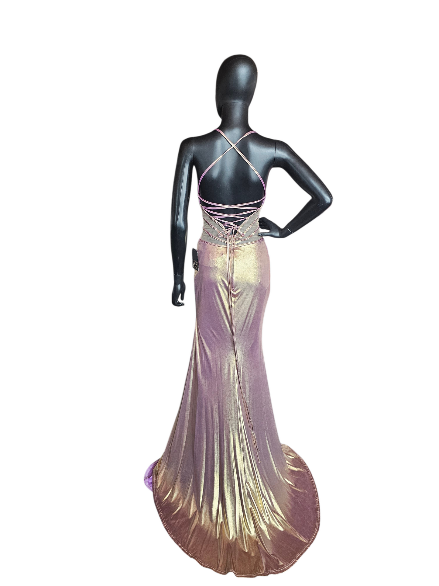 Rose Gold Iridescent Stretch Plunge Prom/Party Dress - Sparkle
