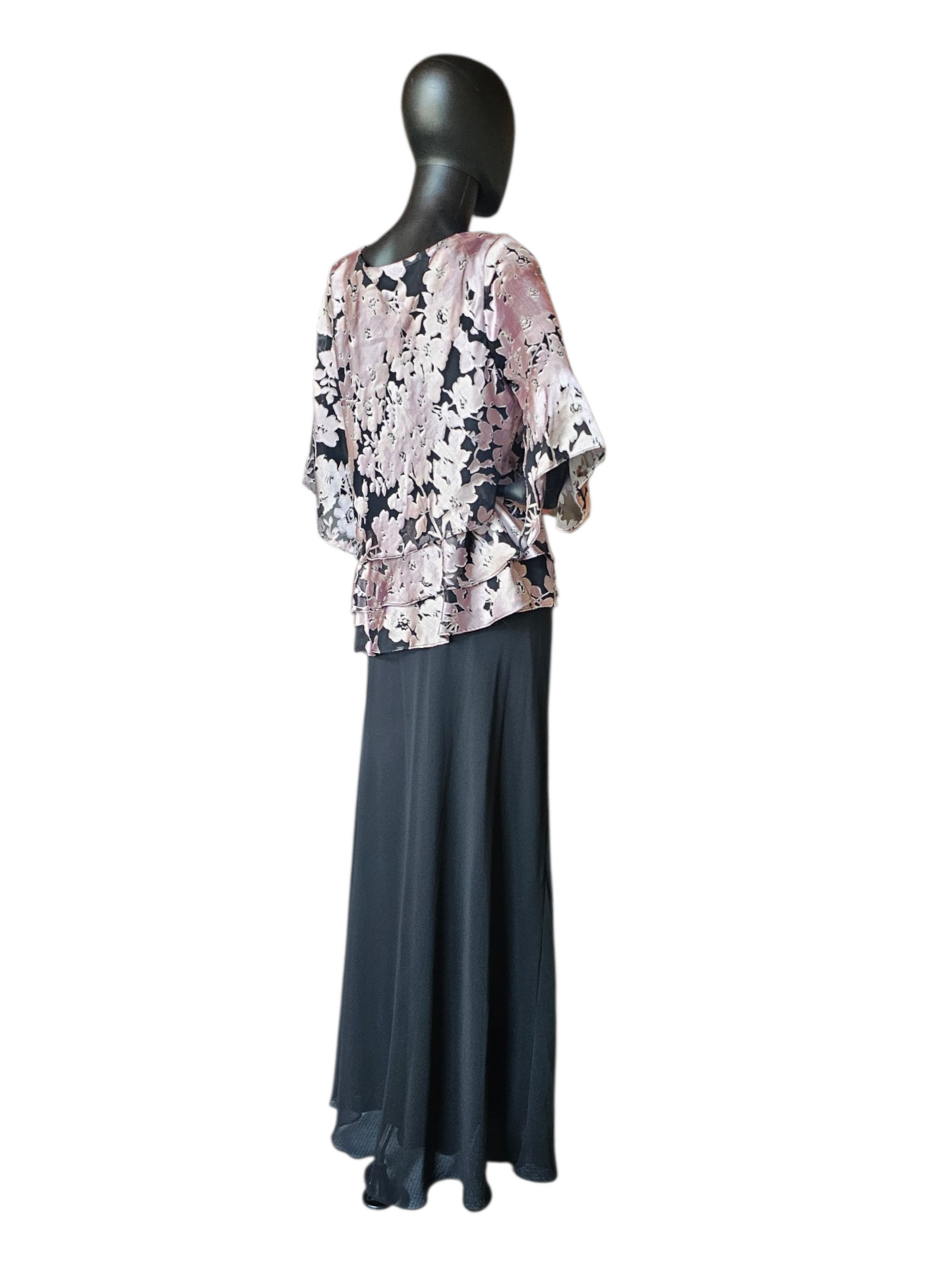 Lavender/Black Floral 3/4 Sleeve 2 Piece Chiffon Shirt And Skirt Moms Outfit- Alex Evenings