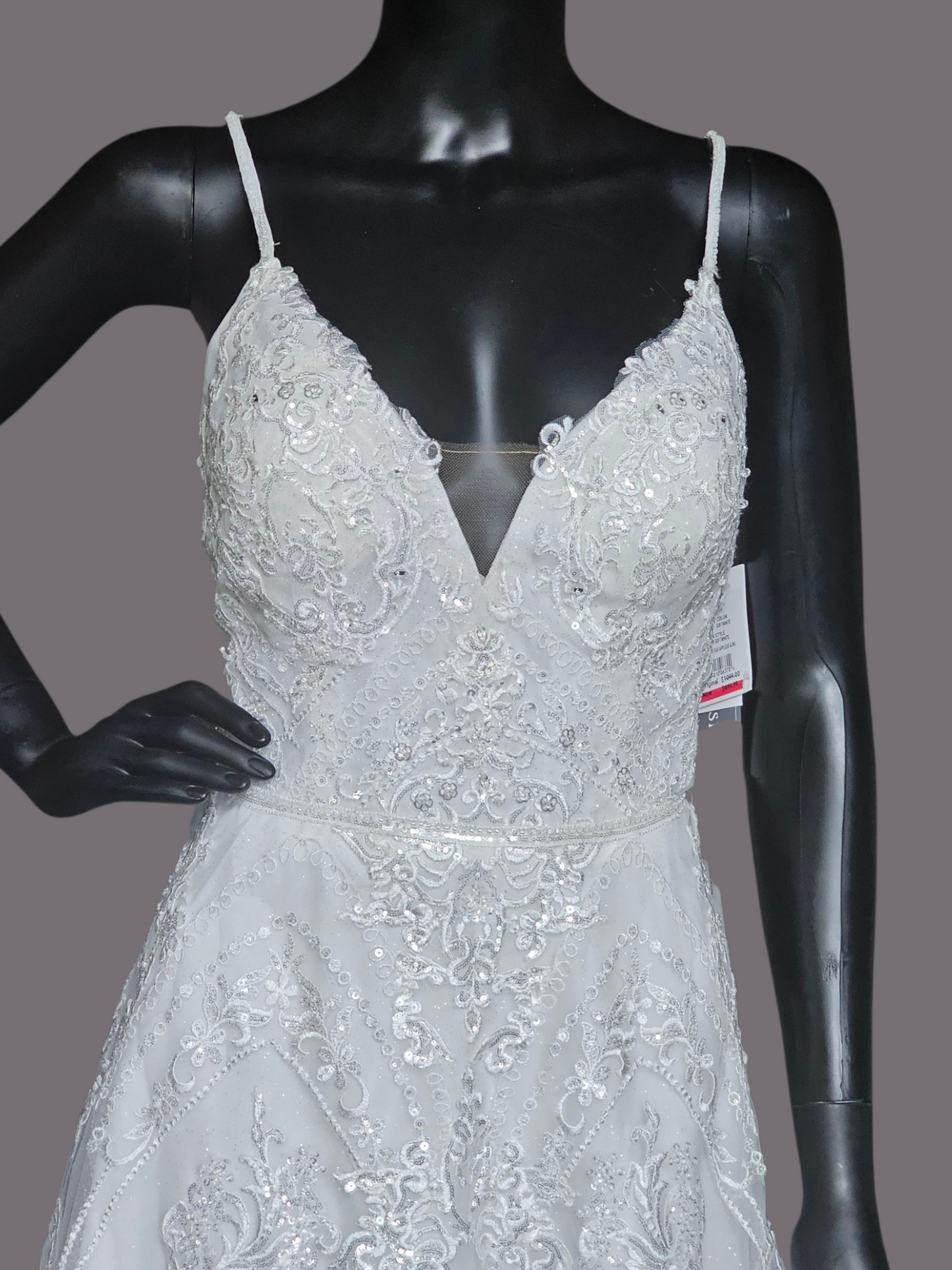 Sparkle A-Line Plunge Spaghetti Strap Wedding Gown - Oleg Cassini
